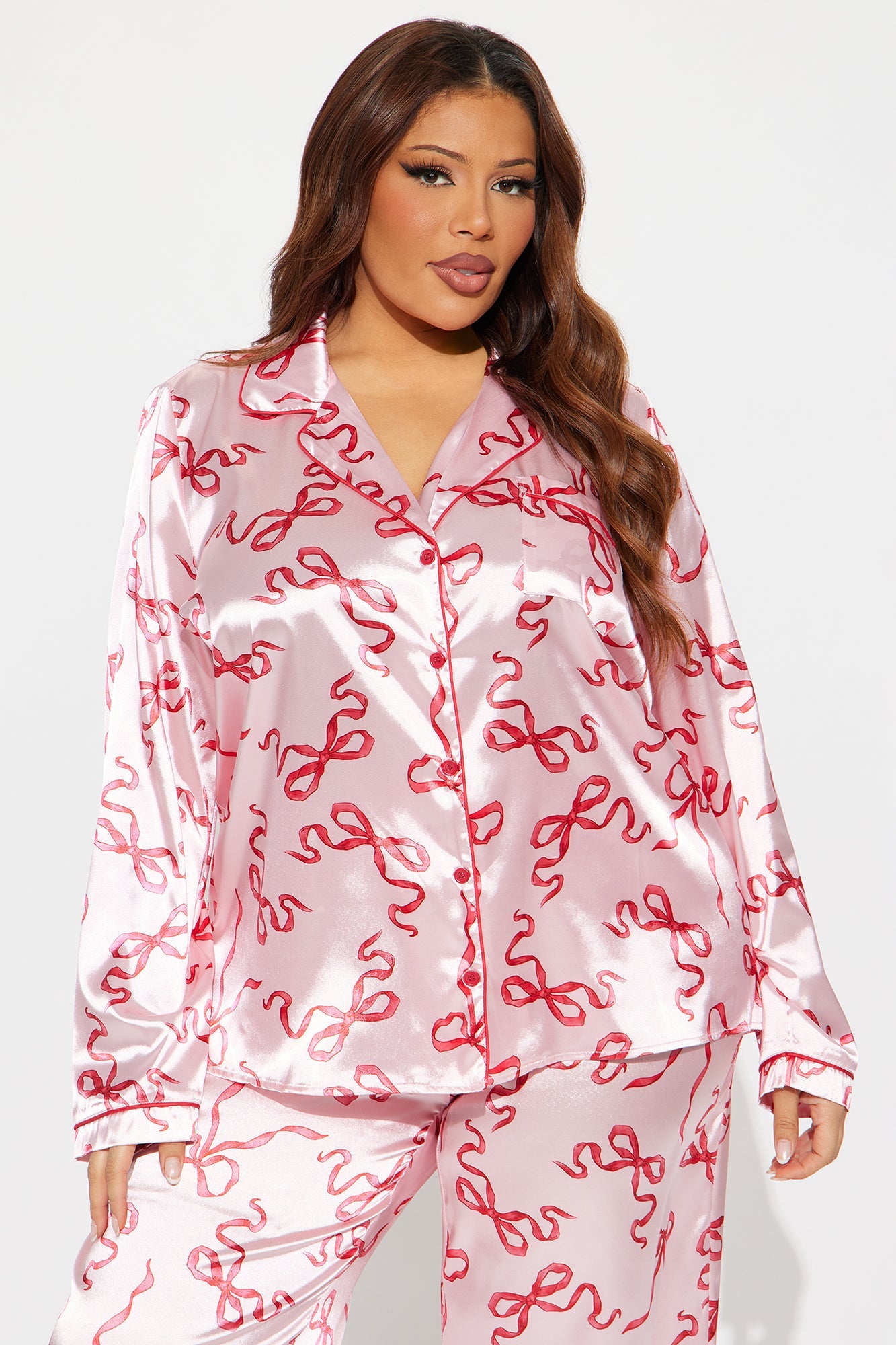 Bedtime Stretch Satin Long Sleeve PJ Pant Set - Pink/combo