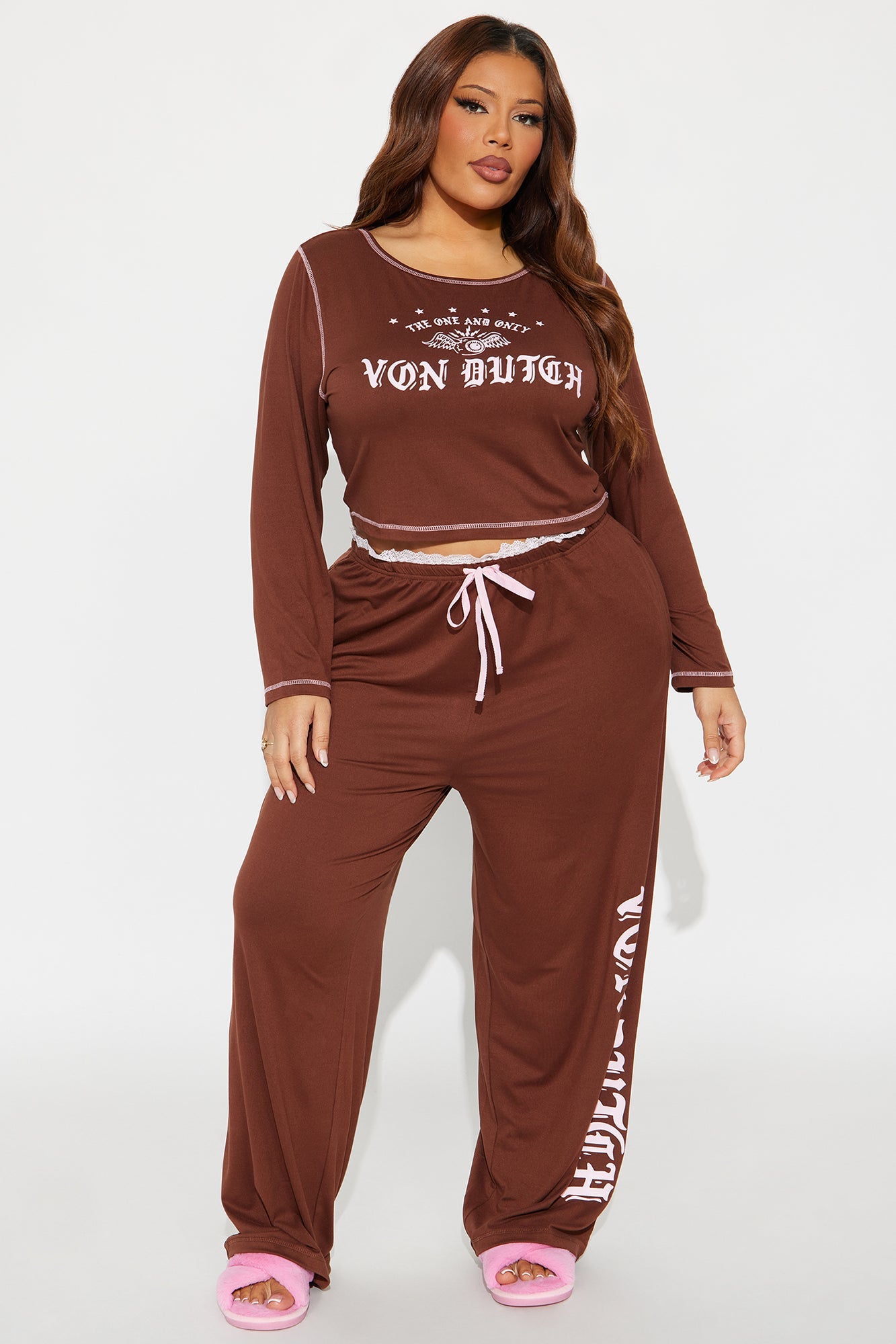Von Dutch Long Sleeve PJ Pant Set - Chocolate/Combo