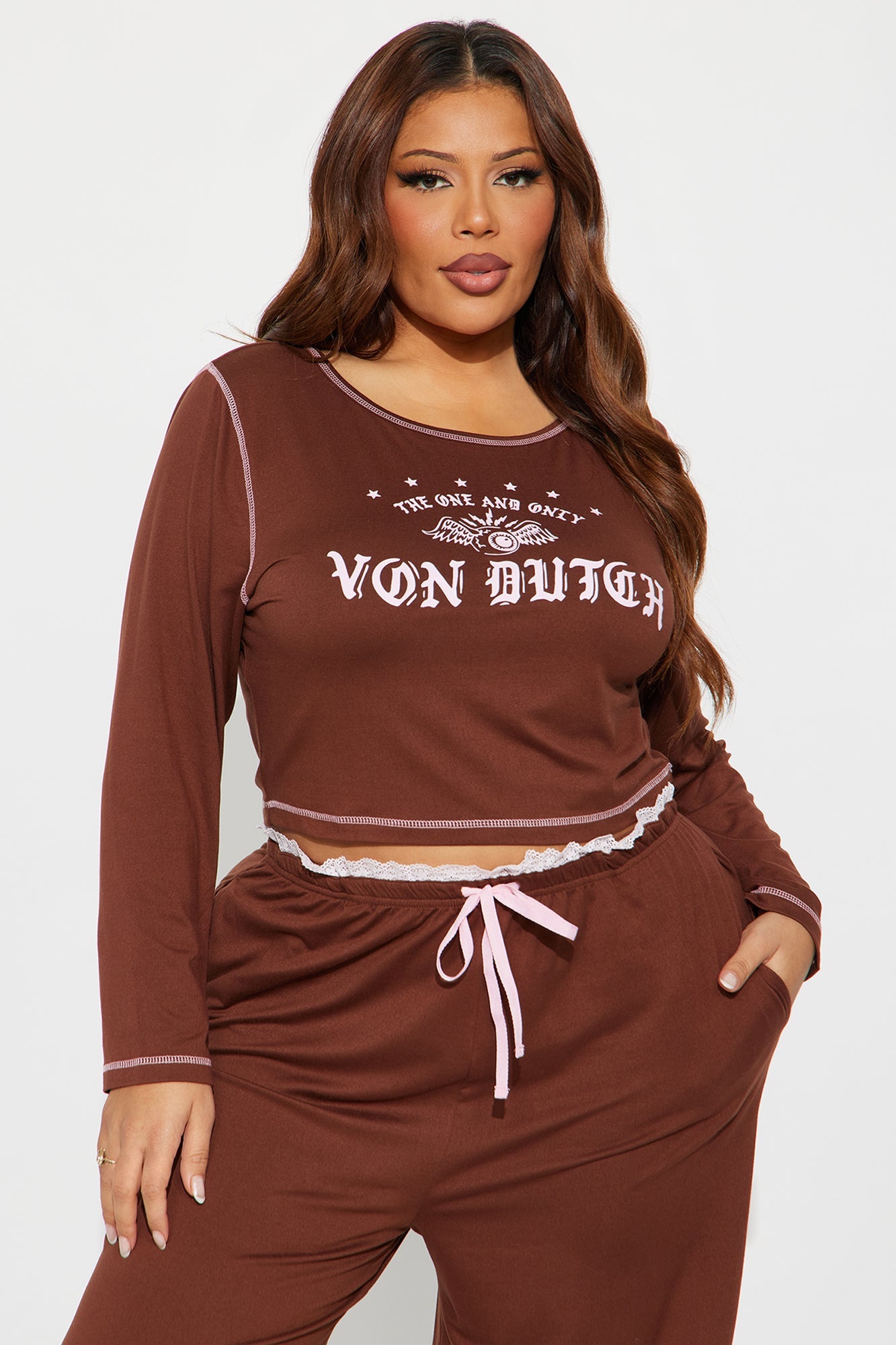 Von Dutch Long Sleeve PJ Pant Set - Chocolate/Combo