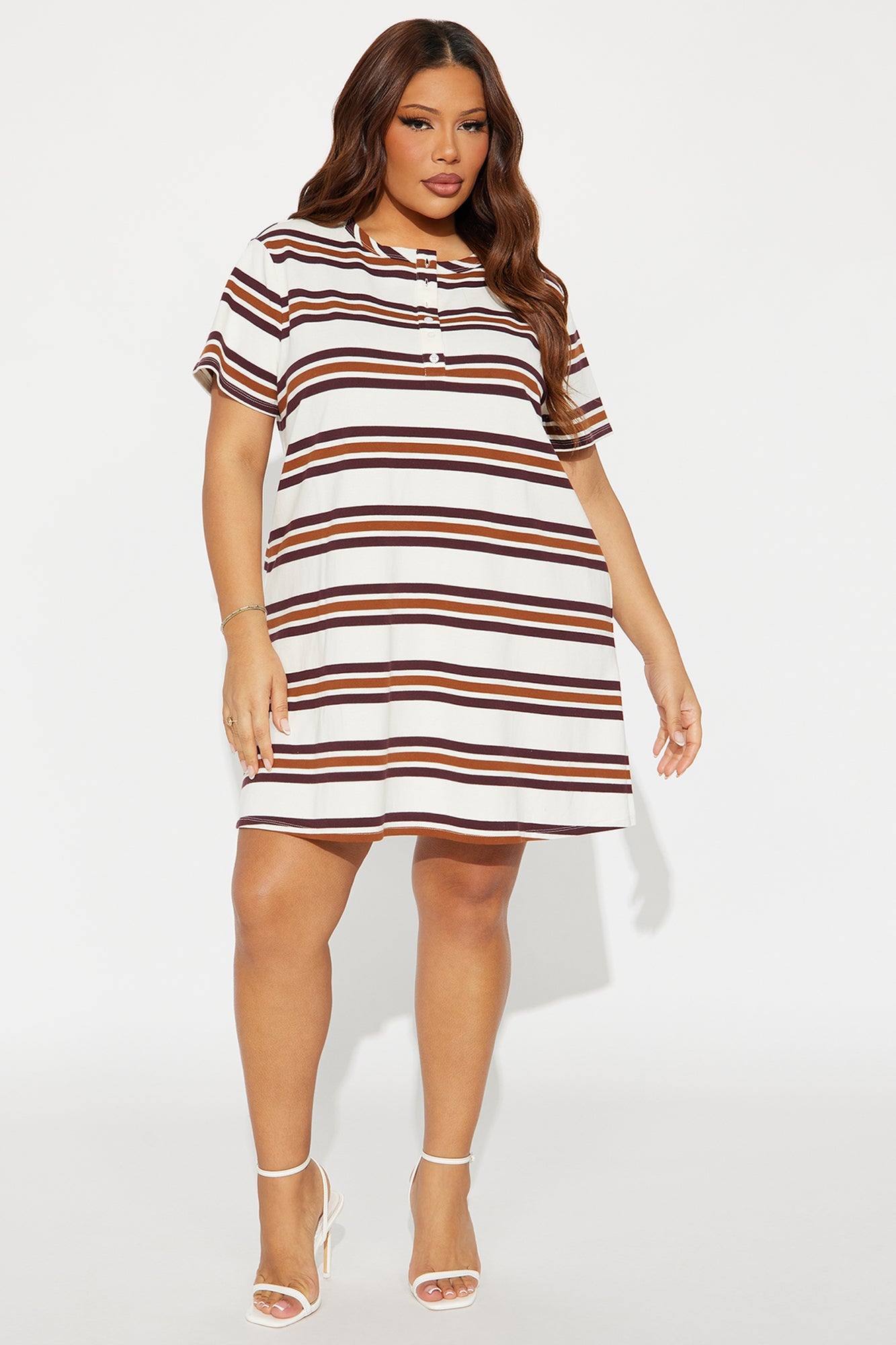 Demi Short Sleeve Striped Mini Dress - Brown/combo