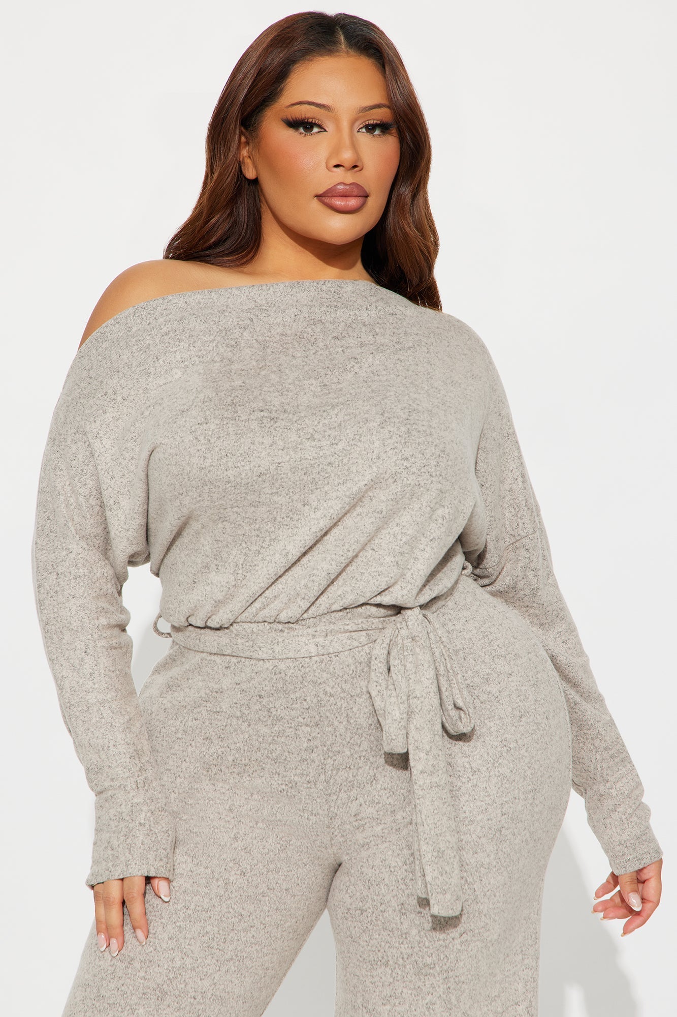 Camila Off Shoulder Tie Waist Jumpsuit - Oatmeal