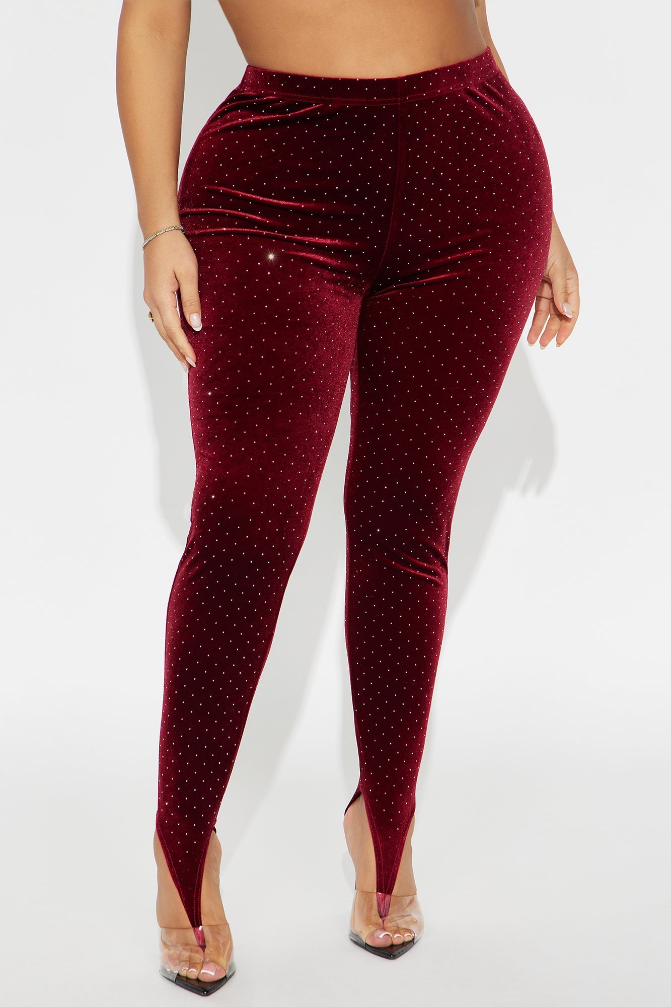 Seasonal Essence Embellished Velvet Stirrup Legging - Burgundy