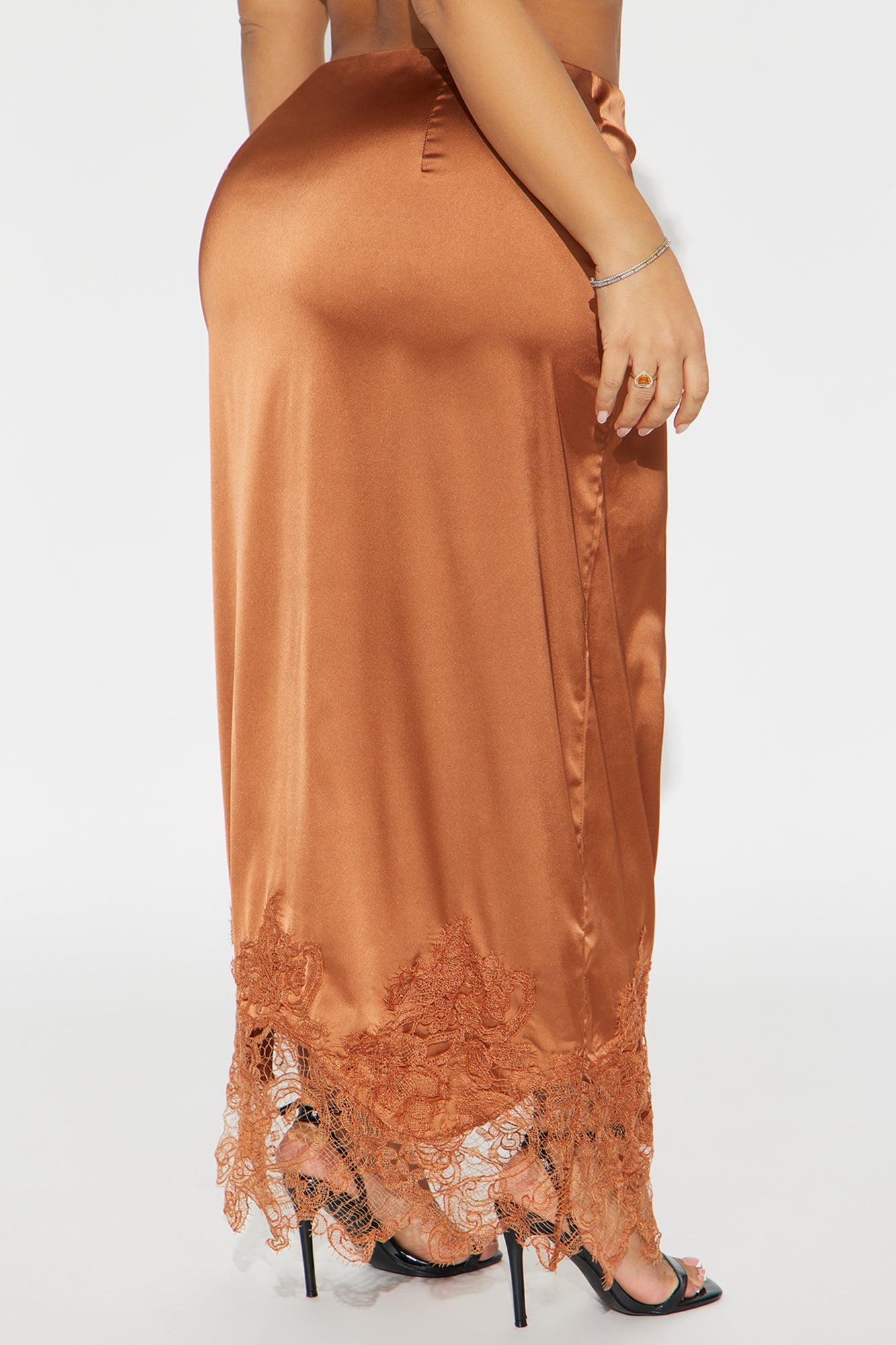 Dolled Up Lace Trim Satin Maxi Skirt - Cognac