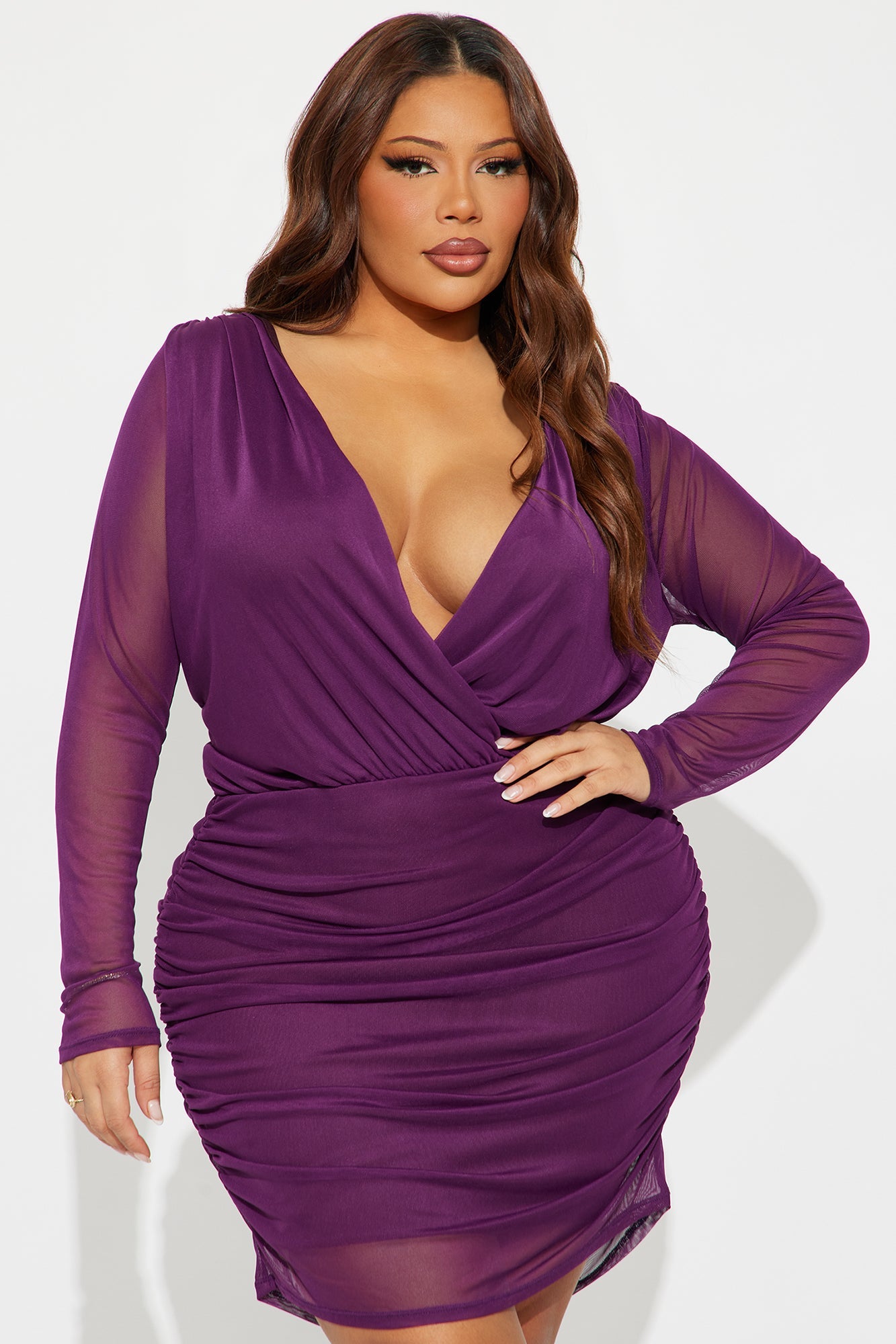 Romy Ruched Mesh Mini Dress - Plum