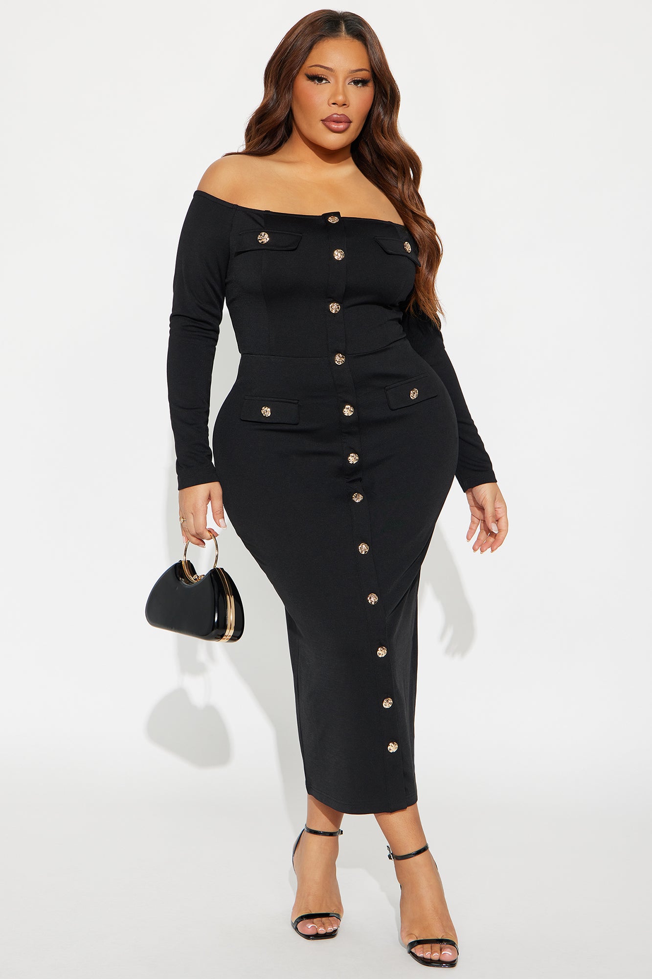 Goldie Off Shoulder Midi Dress - Black