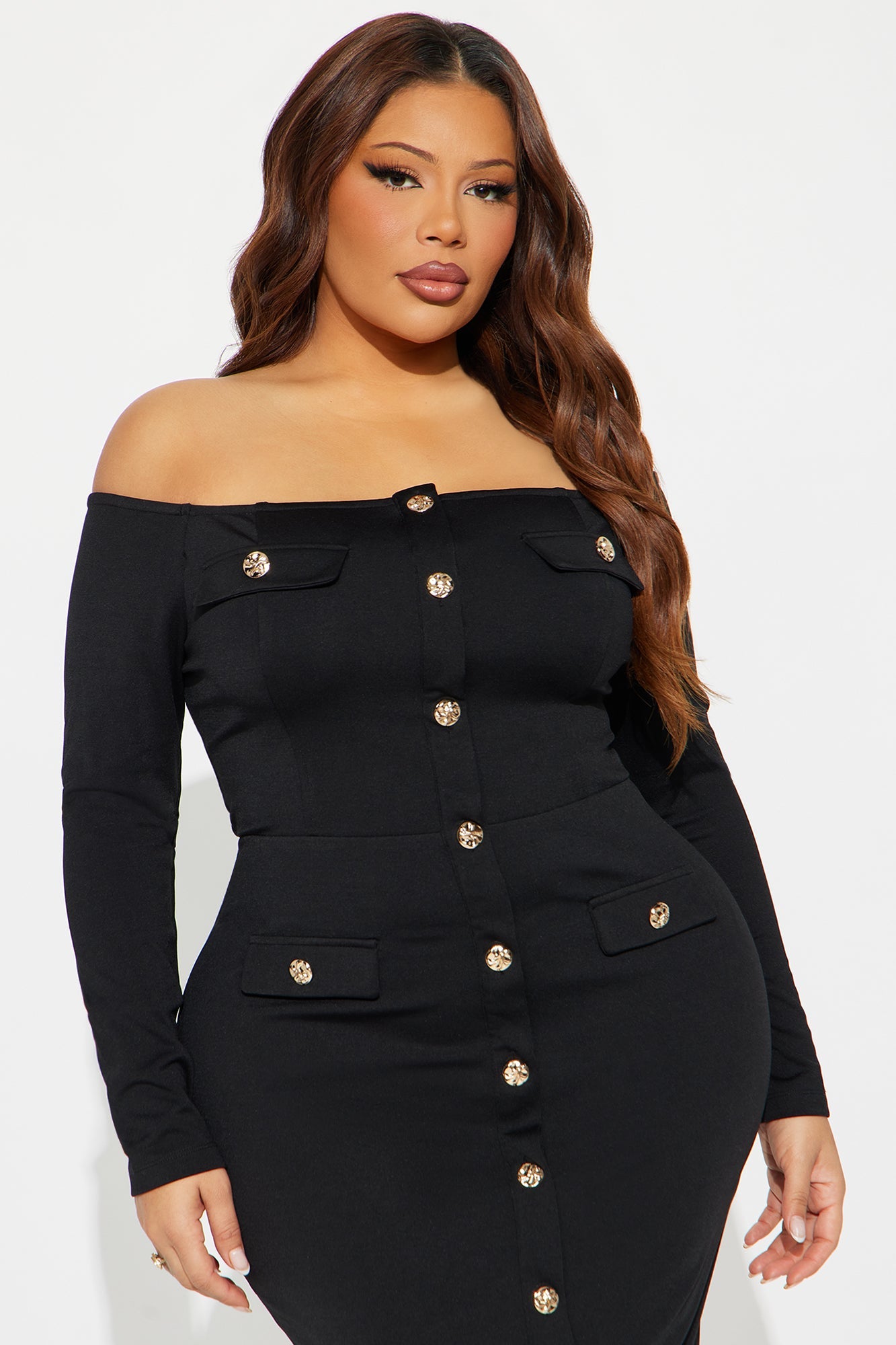 Goldie Off Shoulder Midi Dress - Black