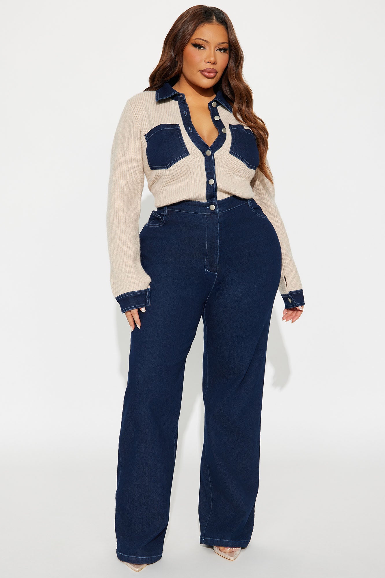Mikayla Denim Sweater Mix Jumpsuit - Dark Denim