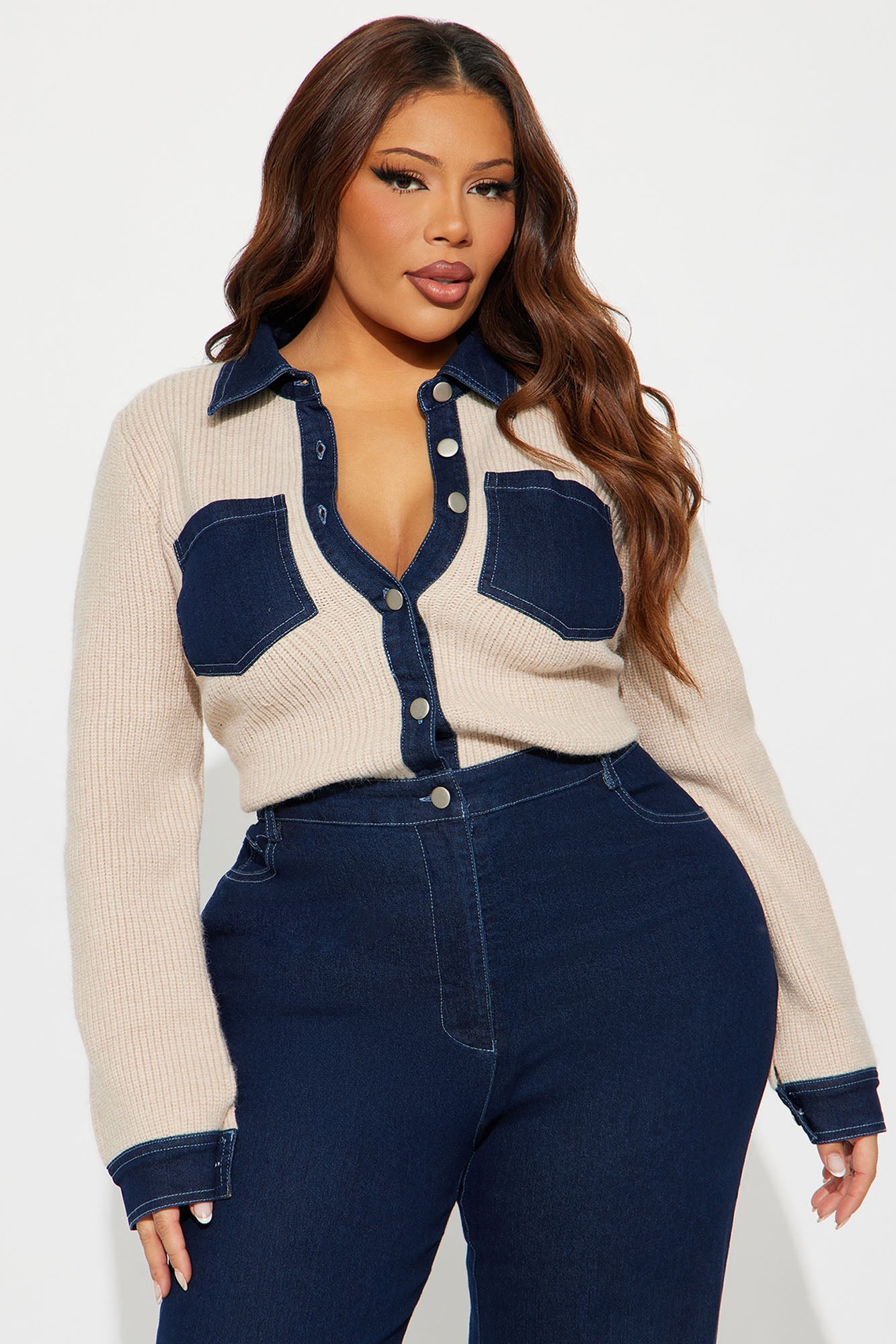 Mikayla Denim Sweater Mix Jumpsuit - Dark Denim