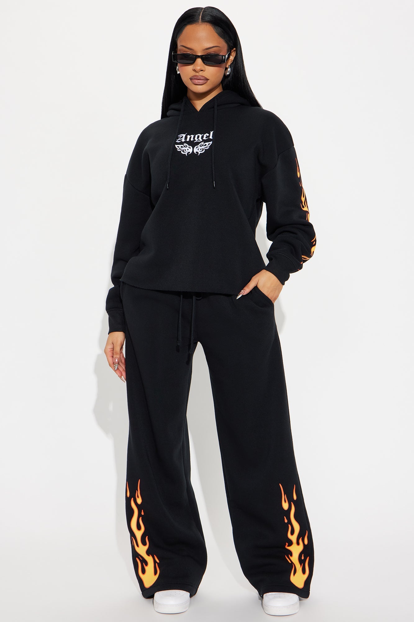 Flame Wide Leg Fleece Pant - Black
