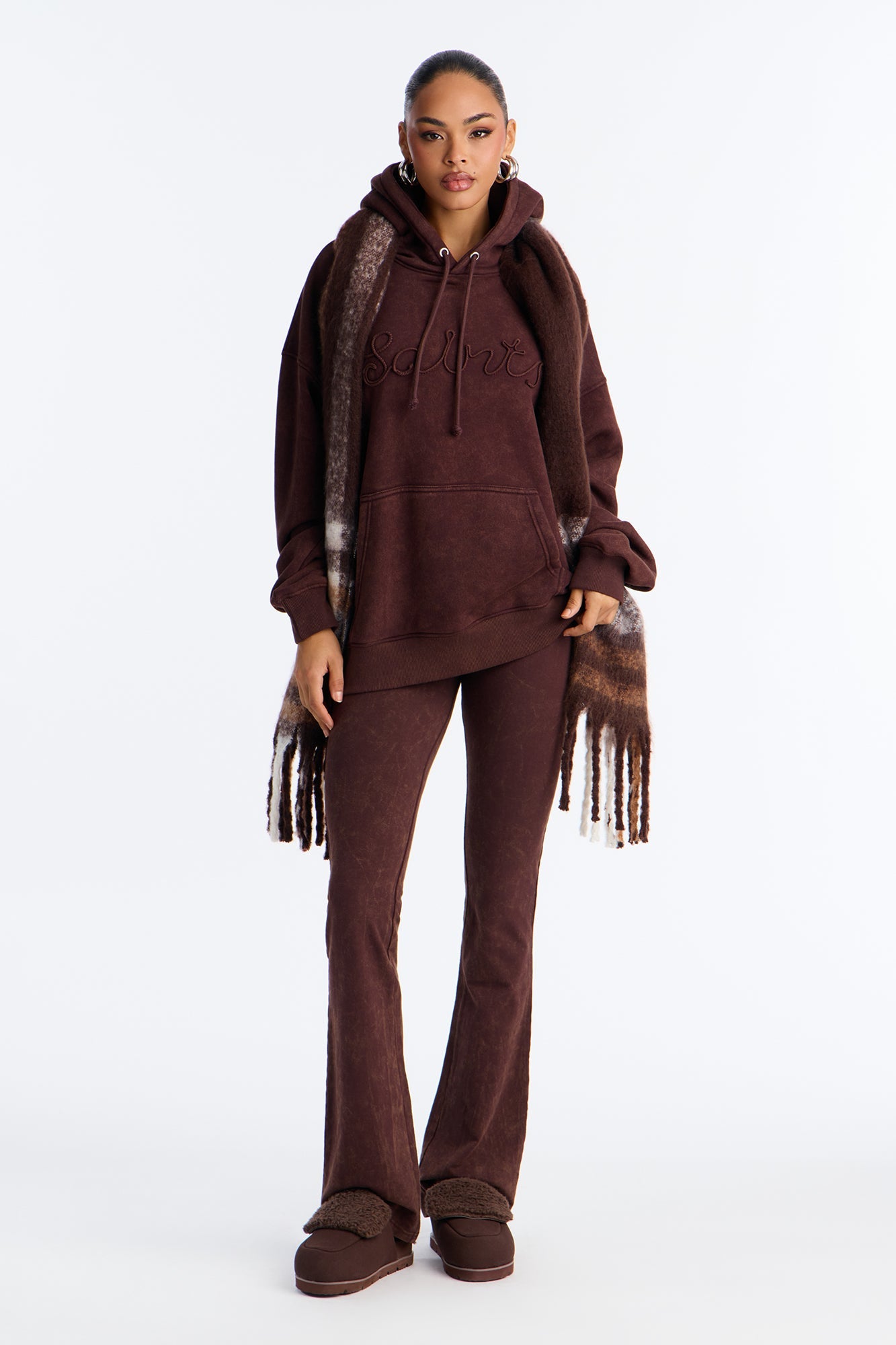 Like A Saint Fleece Flare Leg Pant Set - Brown
