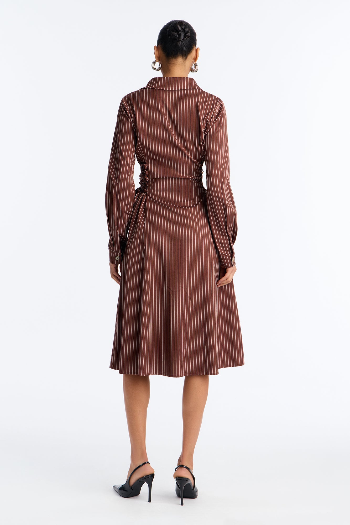 Veda Lace Up Pinstripe Midi Dress - Chocolate/Combo