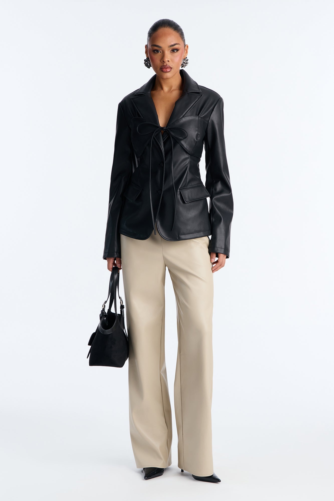 Mixed Emotions Tie Front Faux Leather Blazer - Black