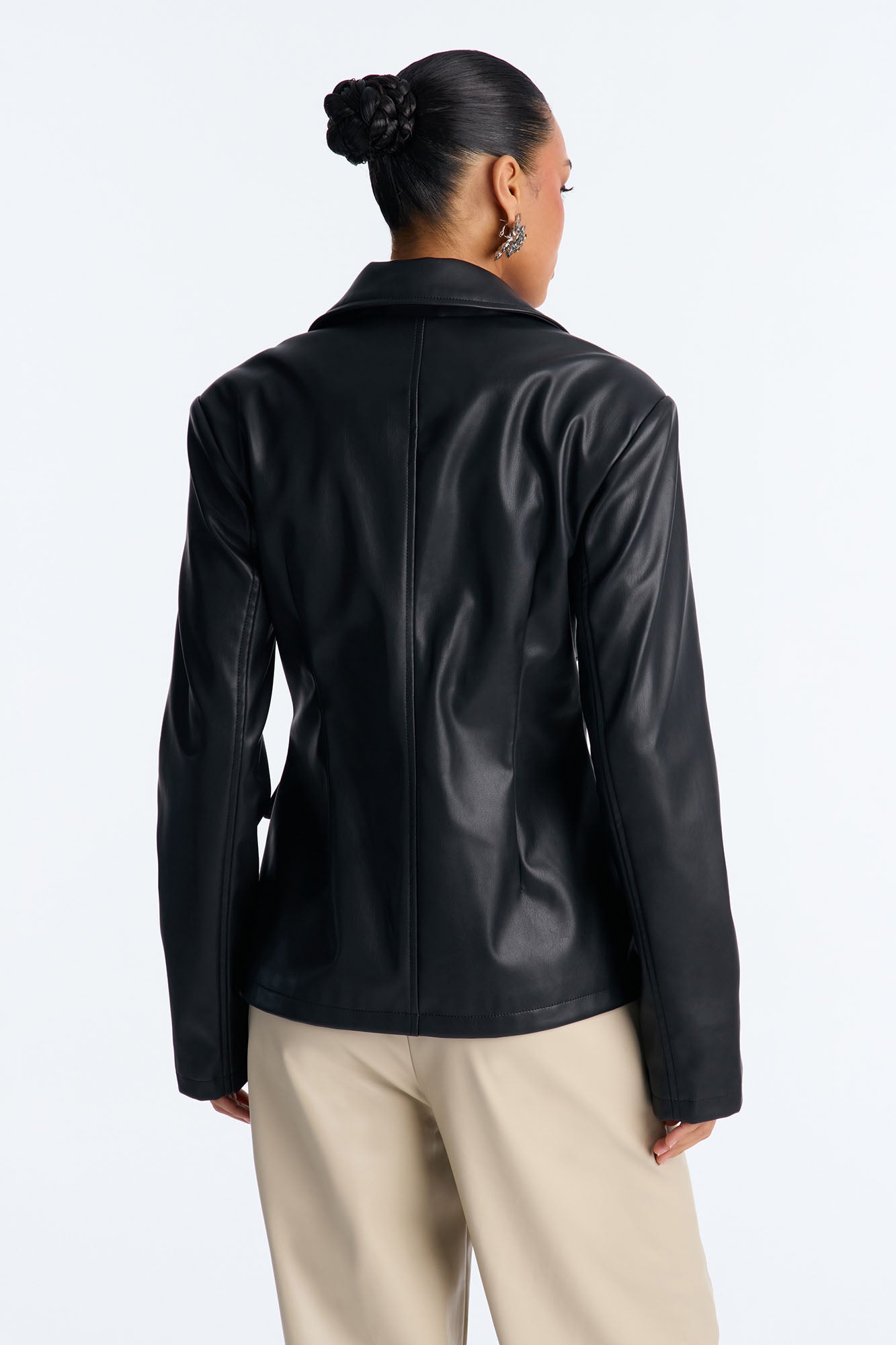 Mixed Emotions Tie Front Faux Leather Blazer - Black