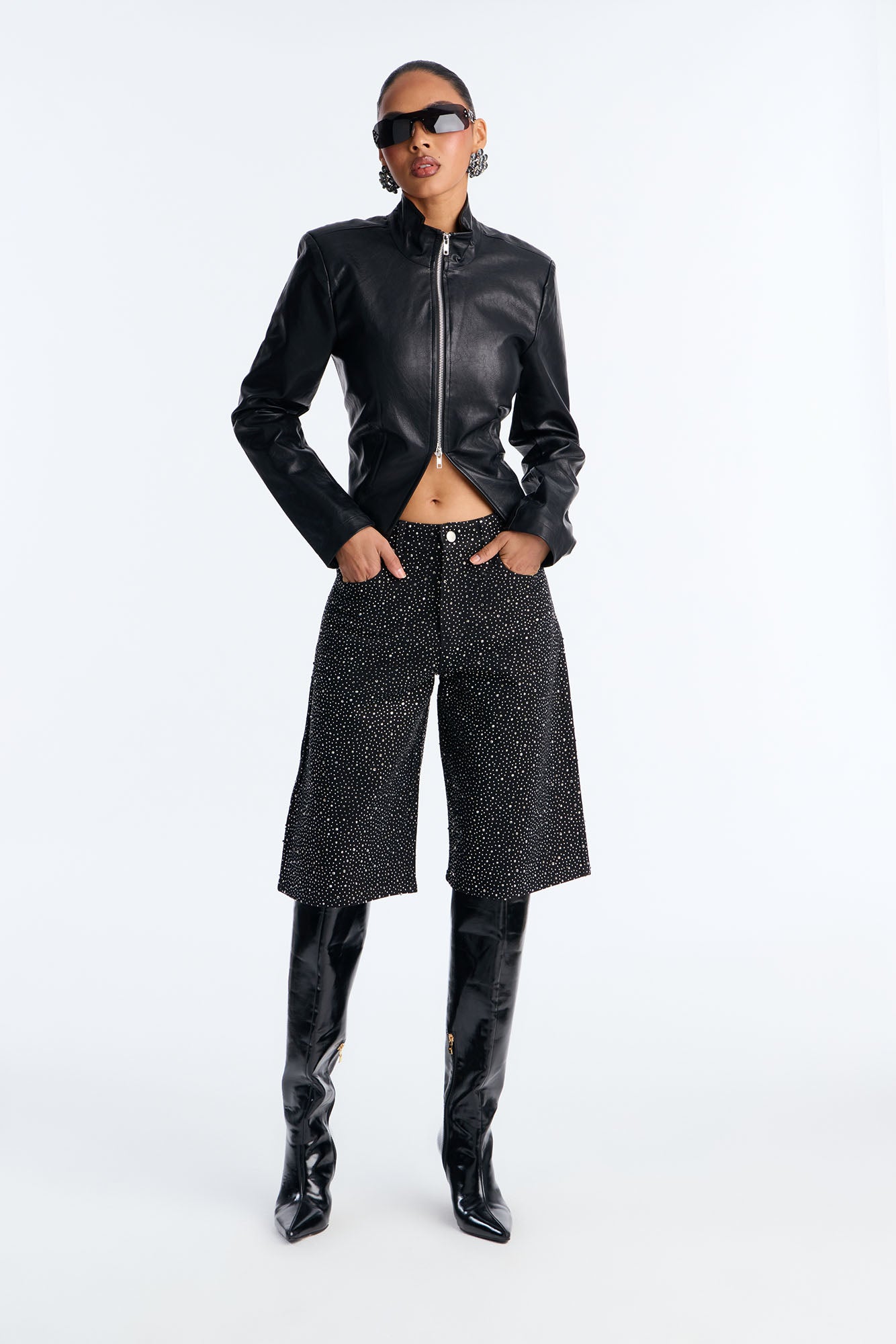 Money Sparkles Rhinestone Embellished Denim Jorts - Black