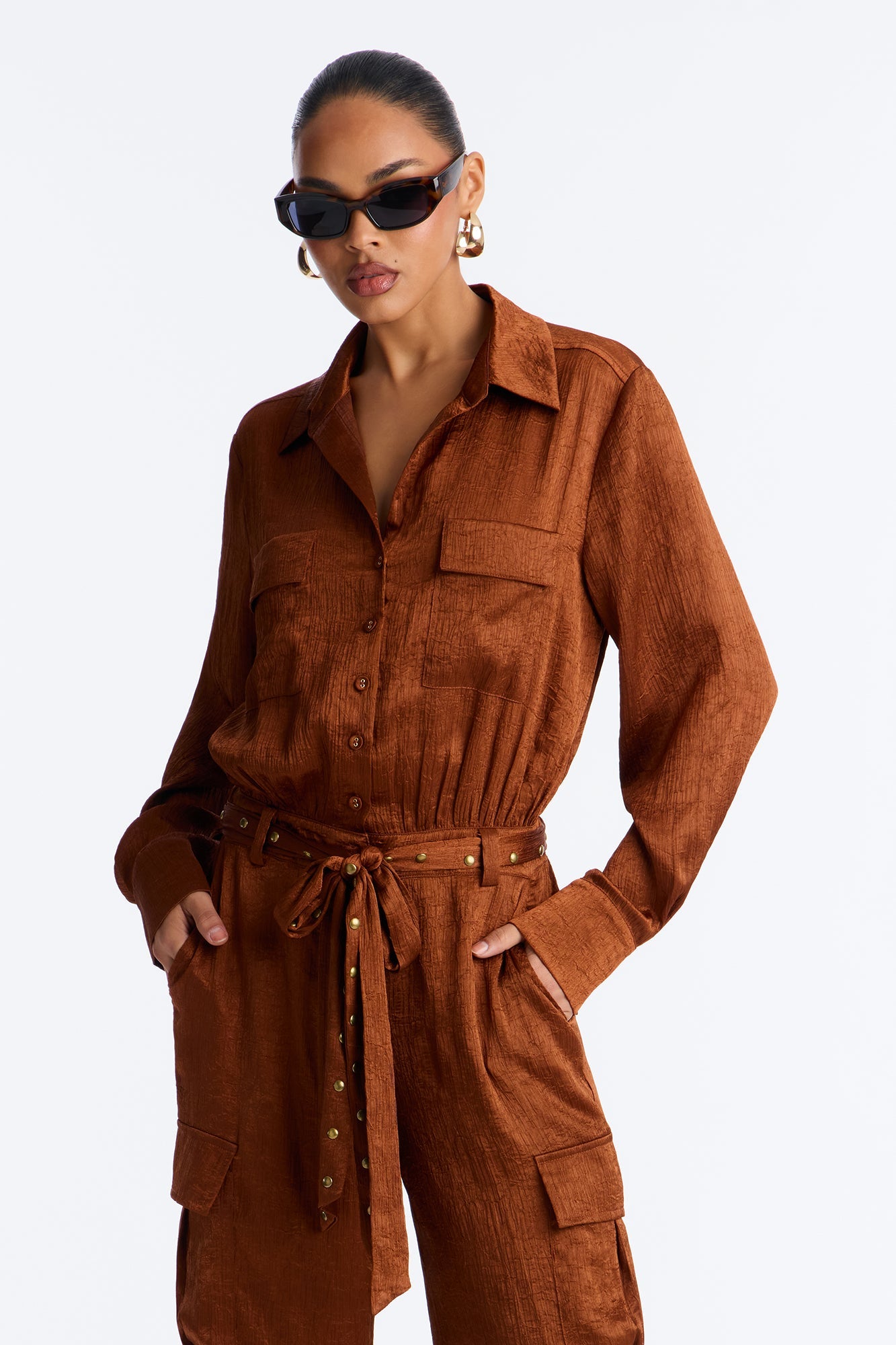 Myla Satin Cargo Jumpsuit - Bronze