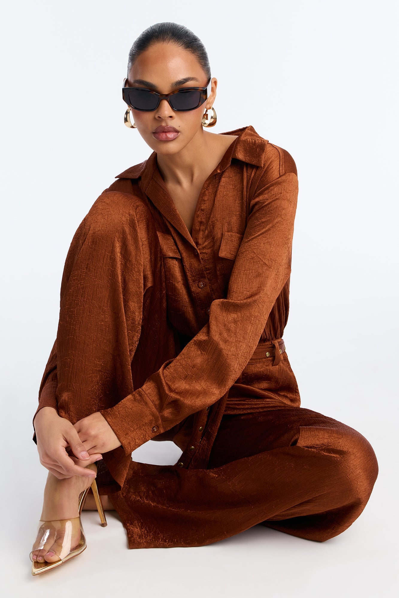 Myla Satin Cargo Jumpsuit - Bronze