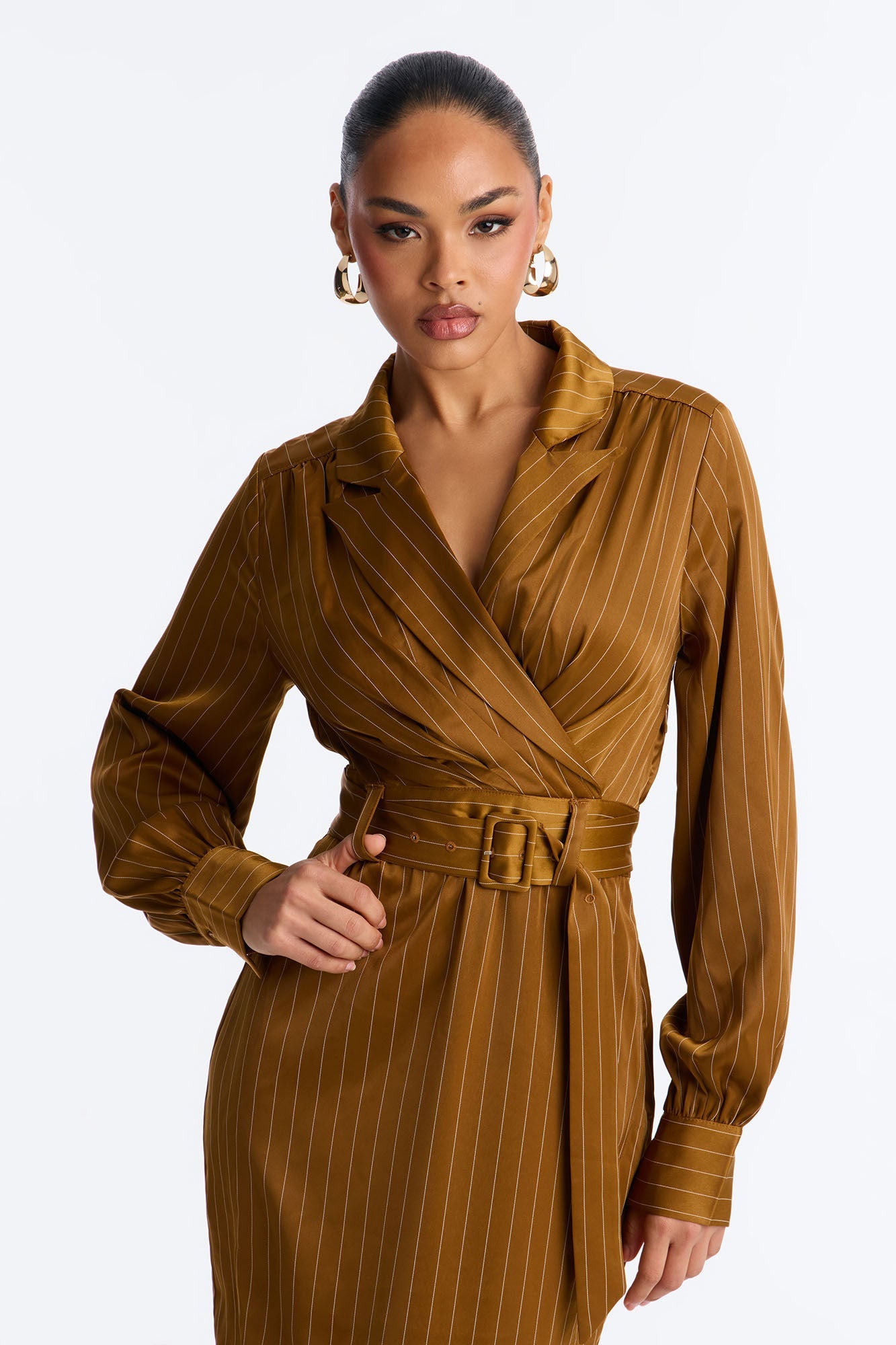 Call The Shots Belted Satin Midi Dress - Mustard