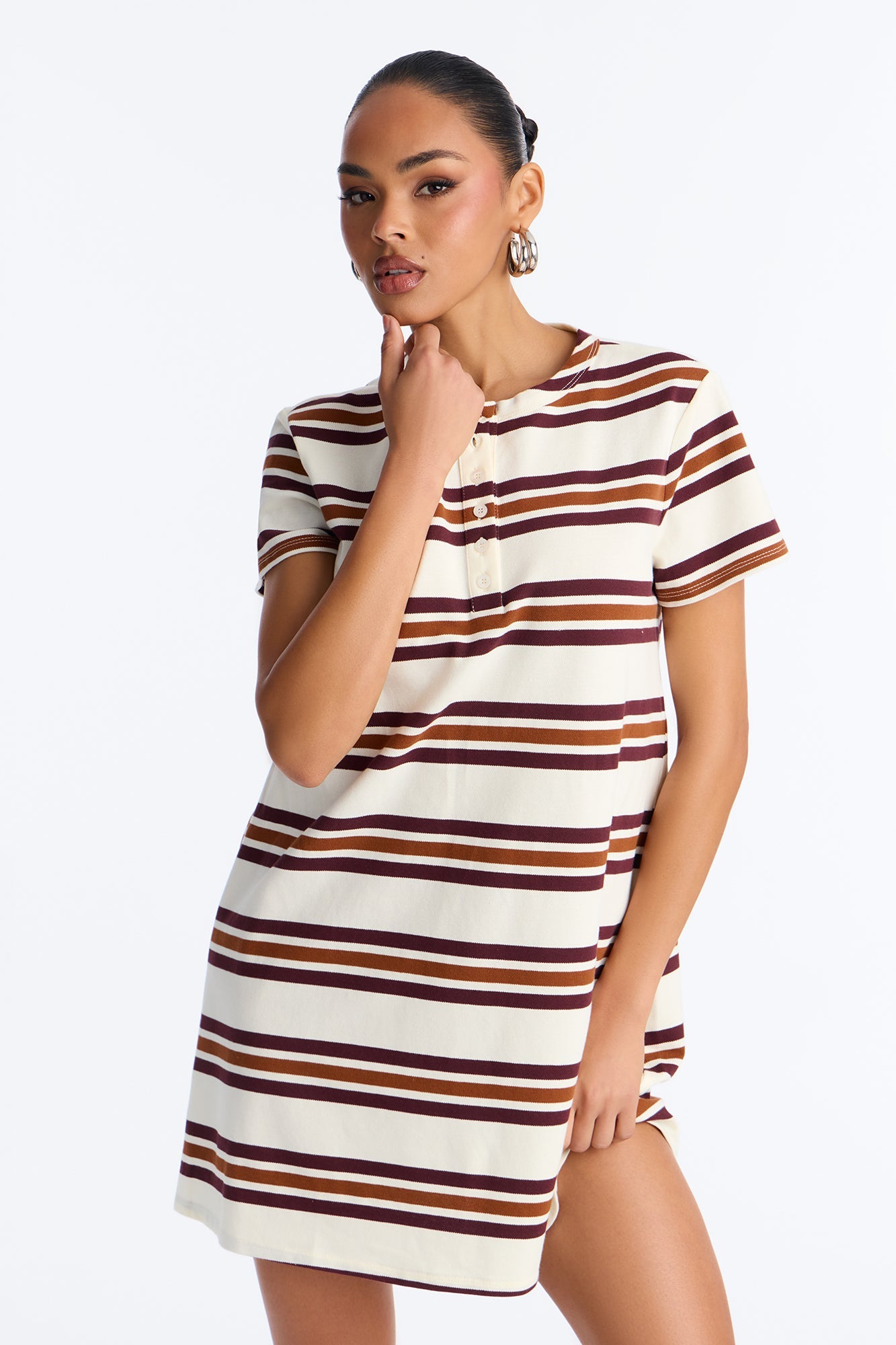 Demi Short Sleeve Striped Mini Dress - Brown/combo