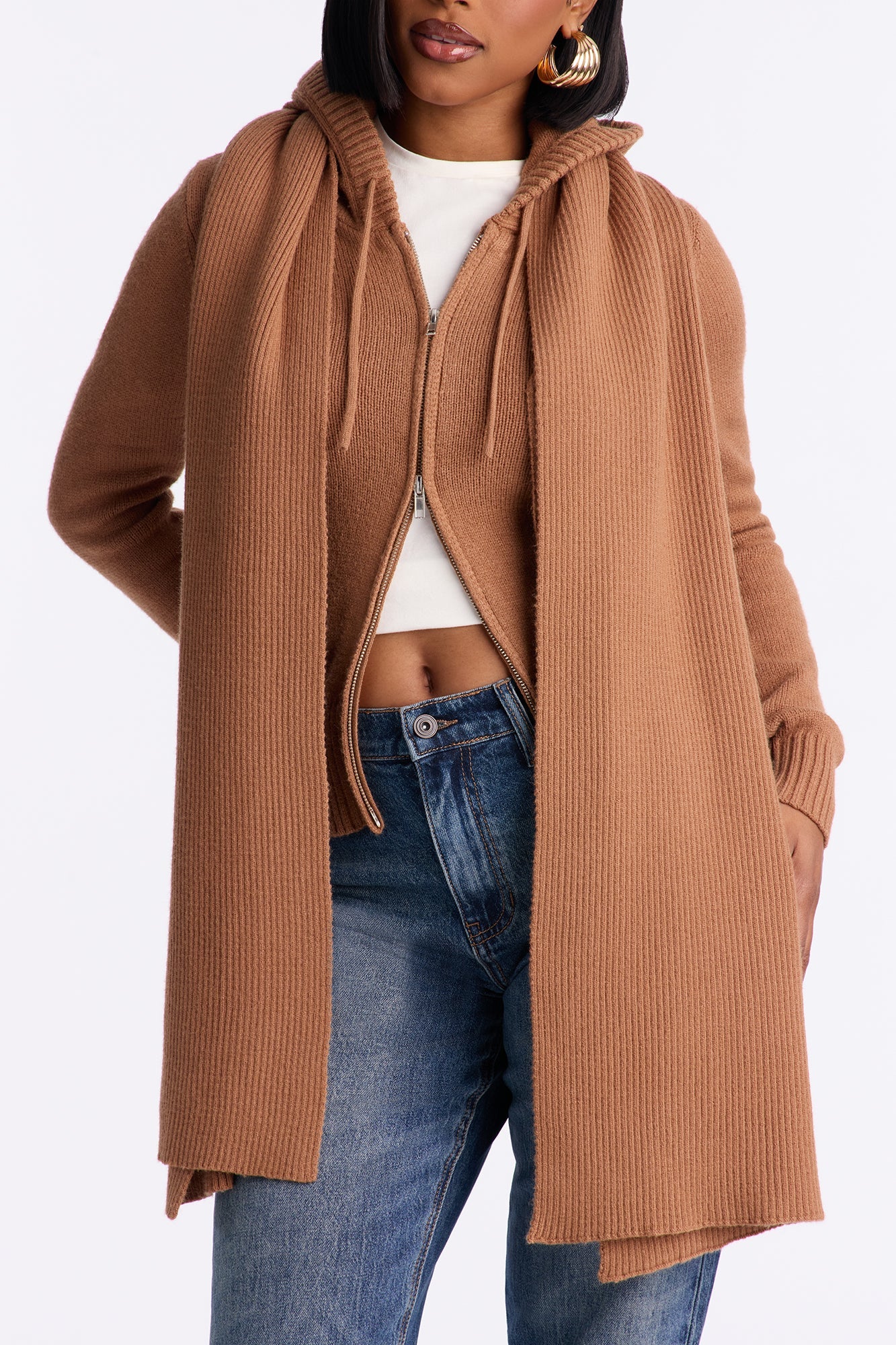 Knot Your Girl Zip Front 2pc Cardigan and Scarf Set - Taupe