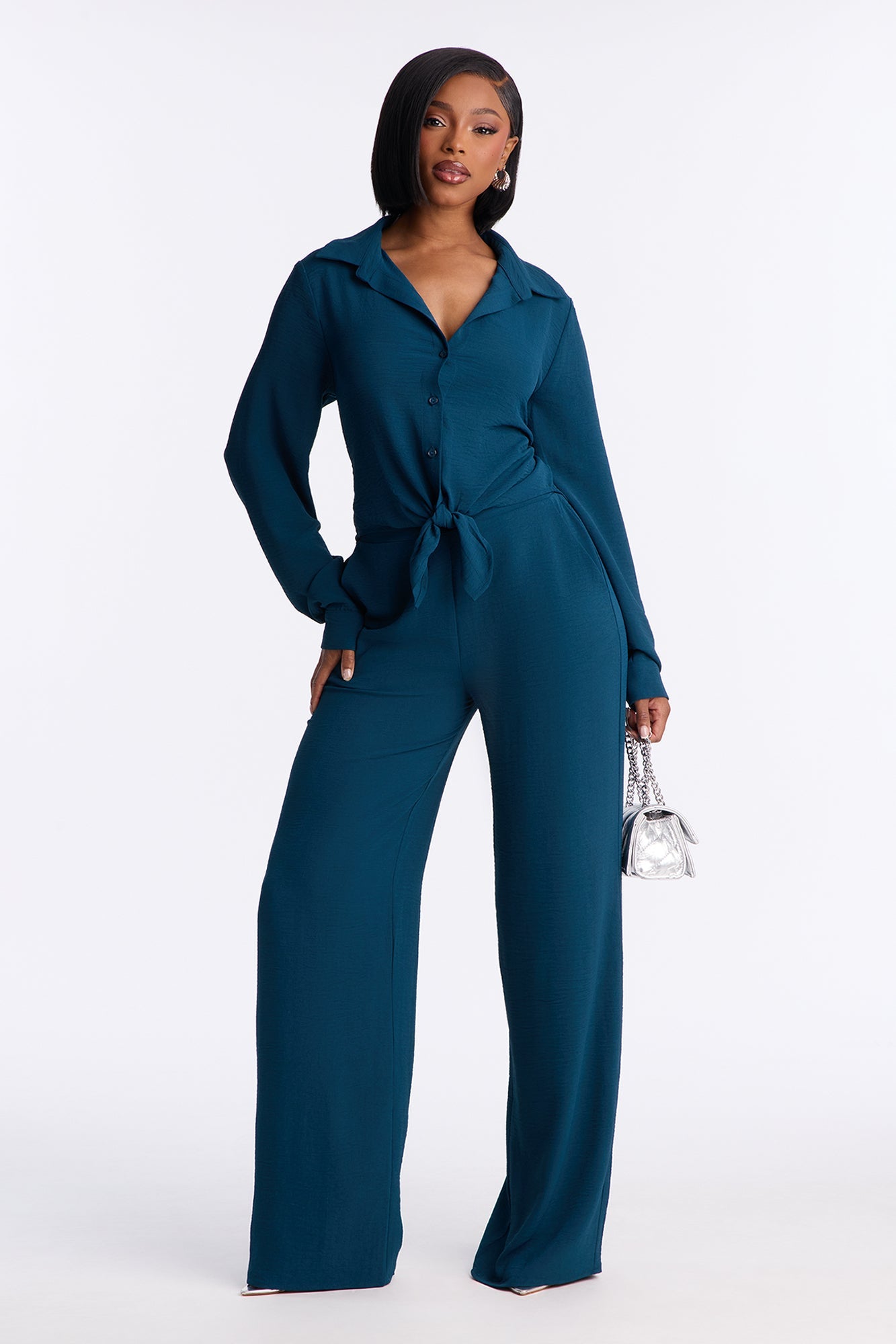 Makenzie Tie Front Pant Set - Teal