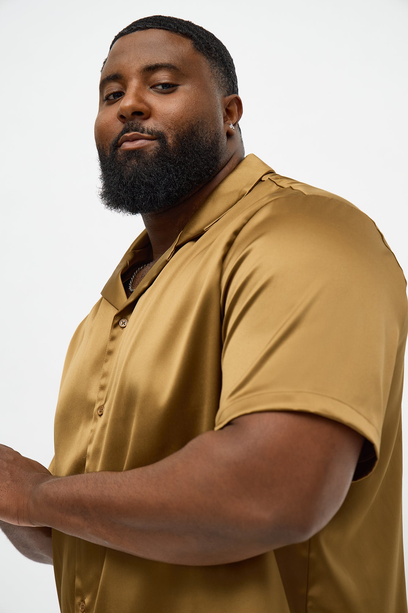 Links Satin Short Sleeve Button Up Shirt - Gold