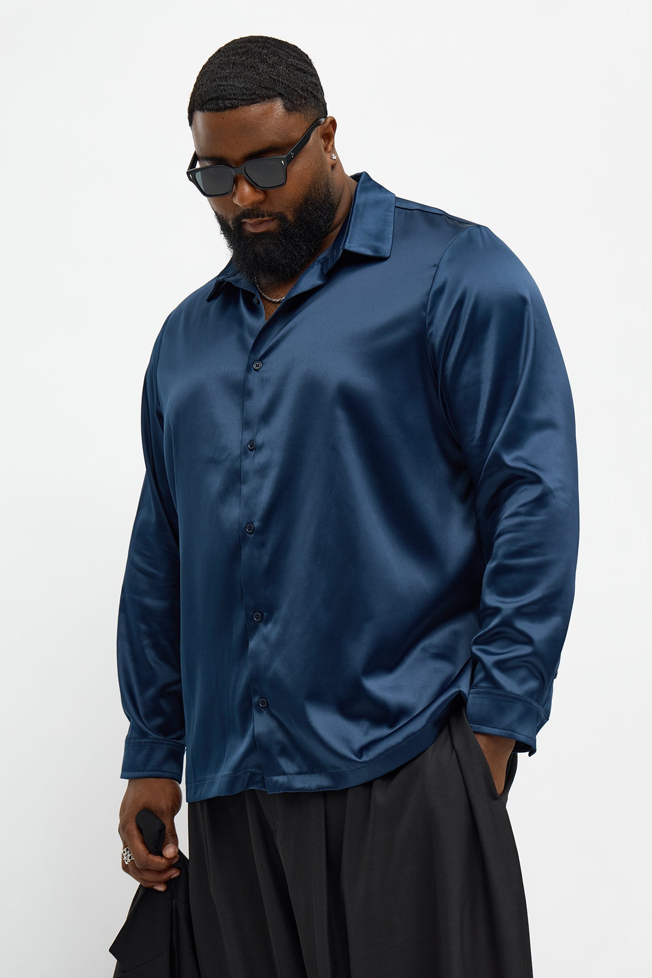 Links Satin Long Sleeve Button Up Shirt - Midnight Blue