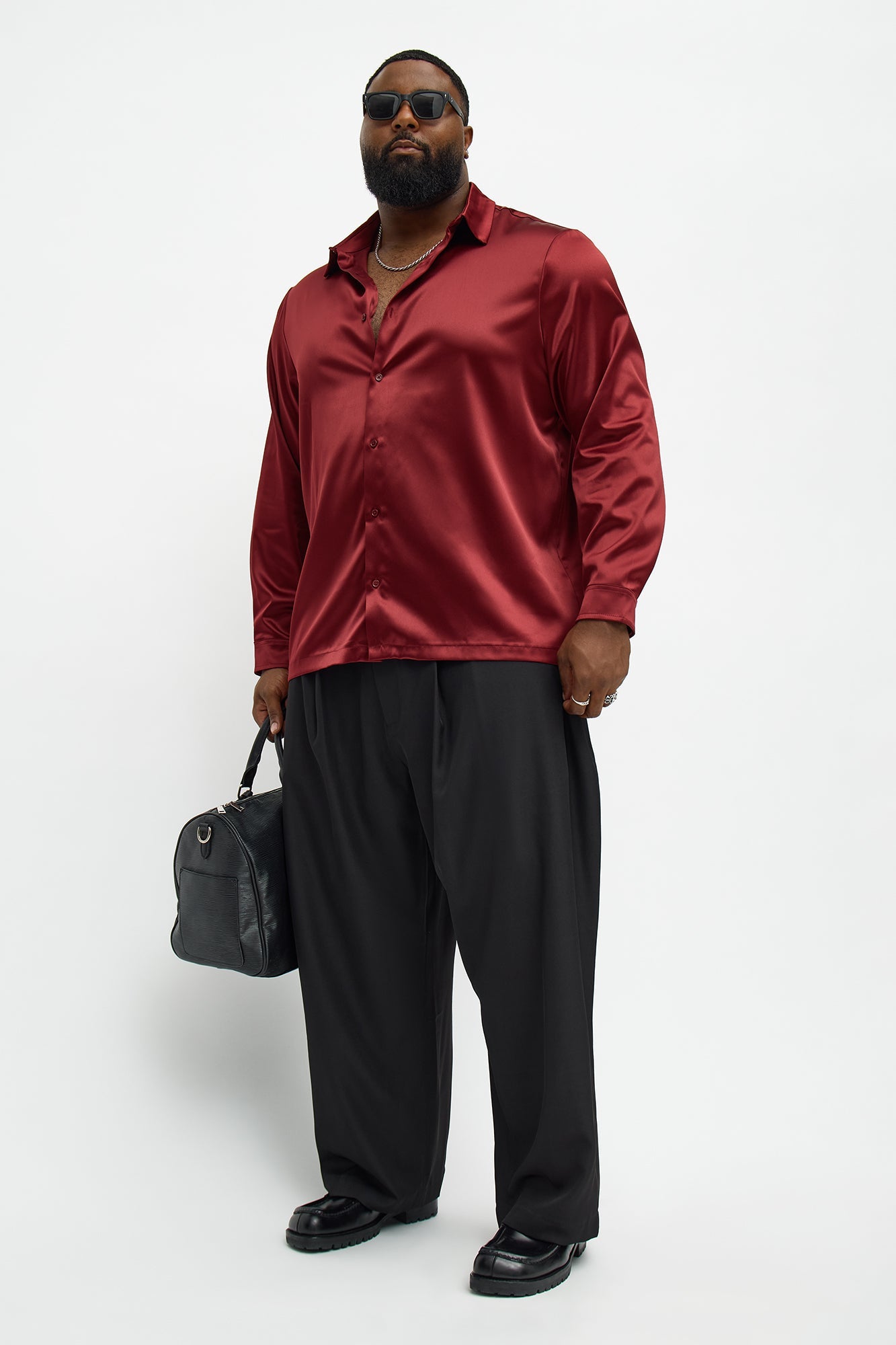 Links Satin Long Sleeve Button Up Shirt - Burgundy