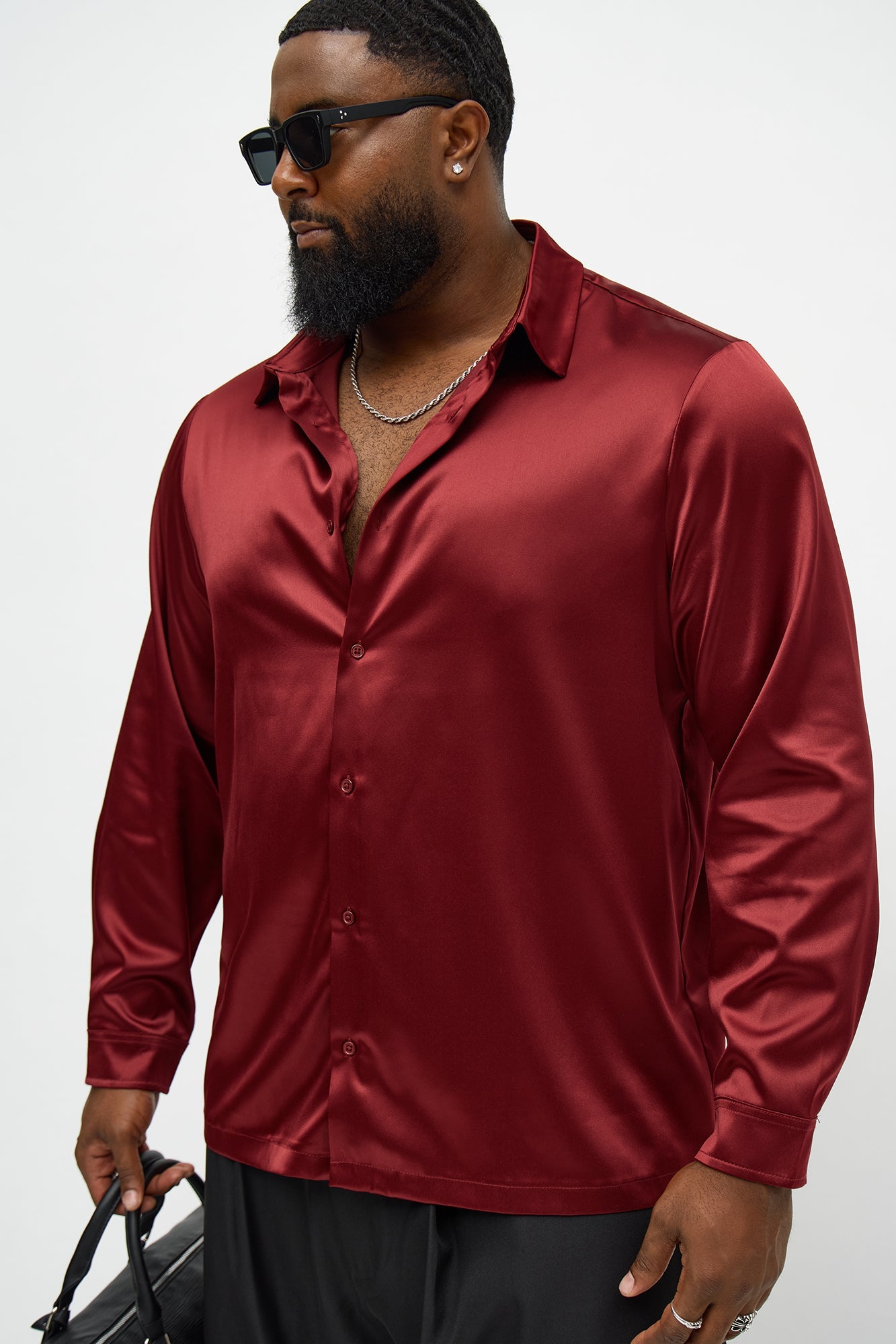 Links Satin Long Sleeve Button Up Shirt - Burgundy