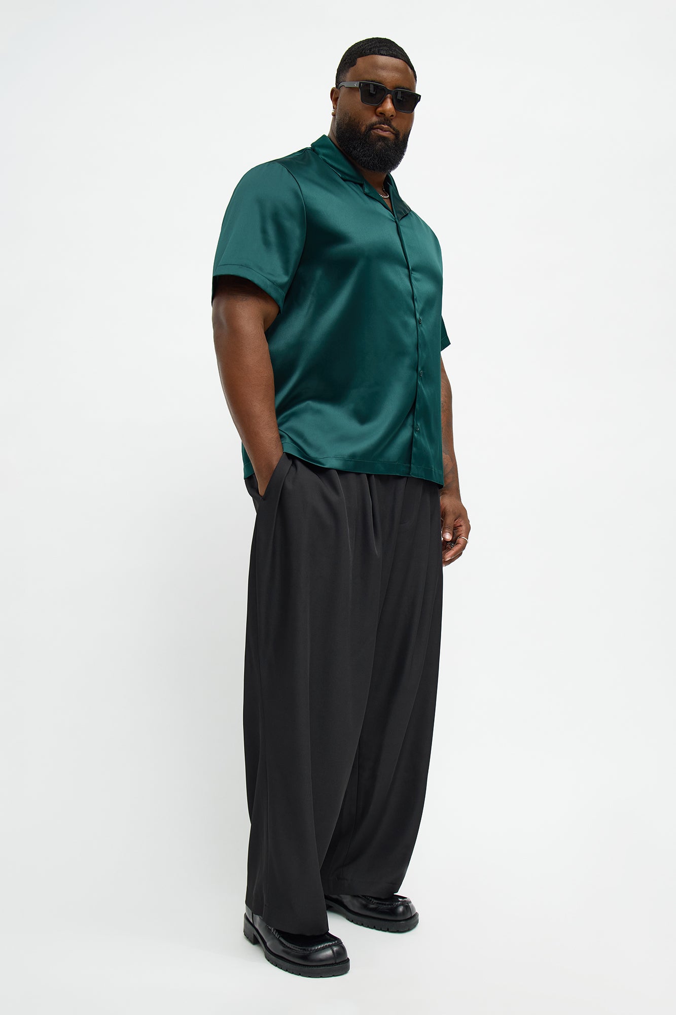 Links Satin Short Sleeve Button Up Shirt - Hunter Green