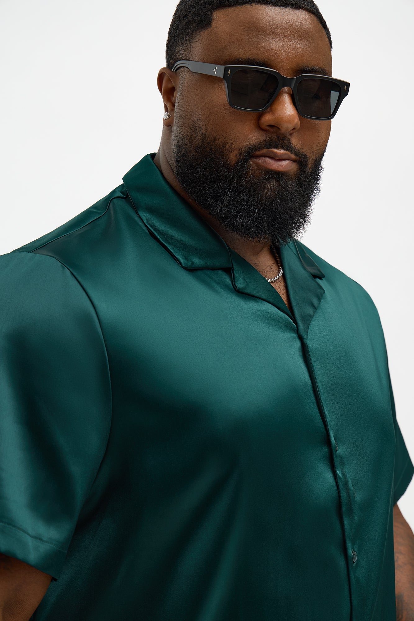 Links Satin Short Sleeve Button Up Shirt - Hunter Green