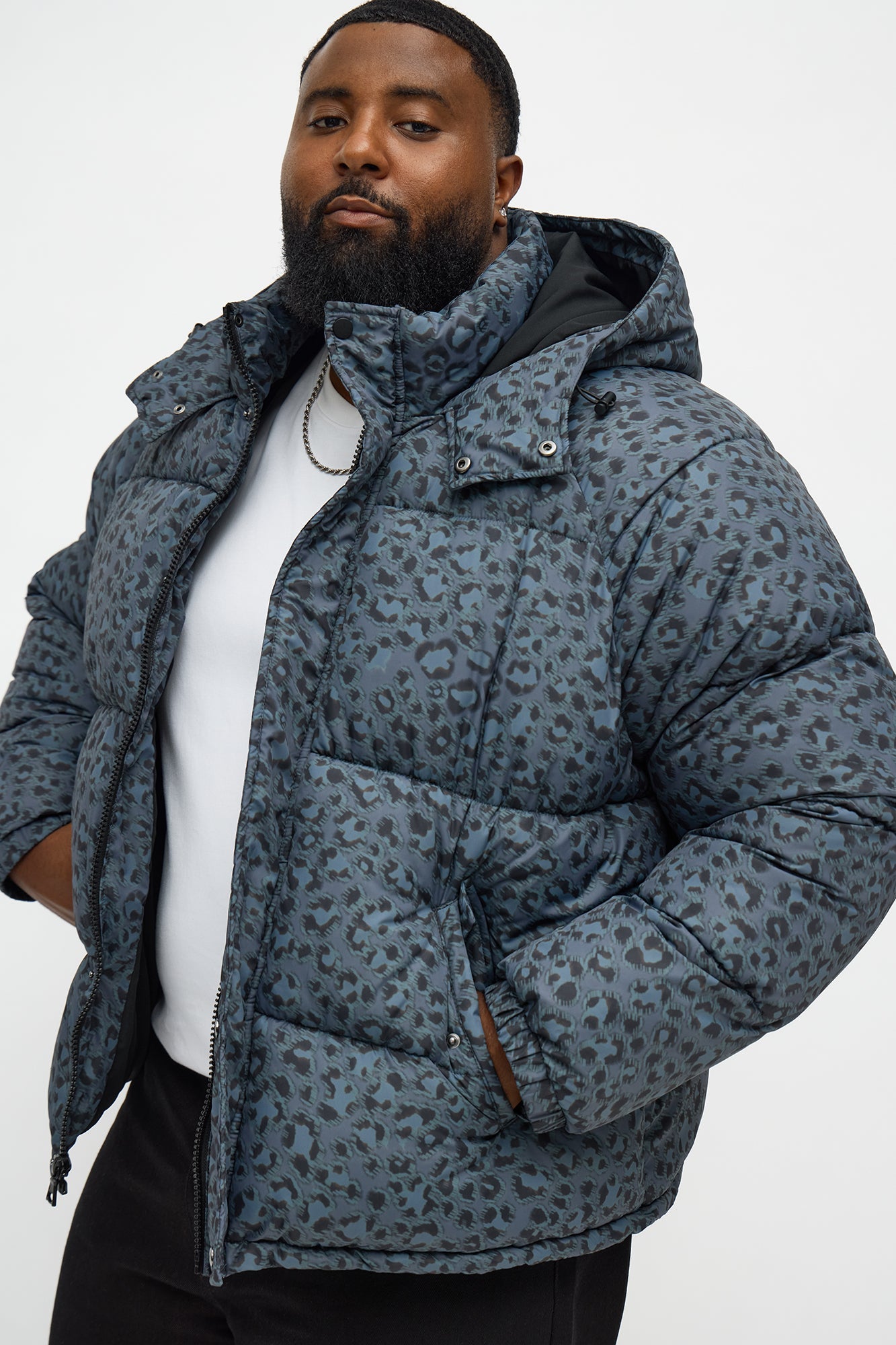 On A Trip Hooded Leopard Printed Puffer Jacket - Dark Grey