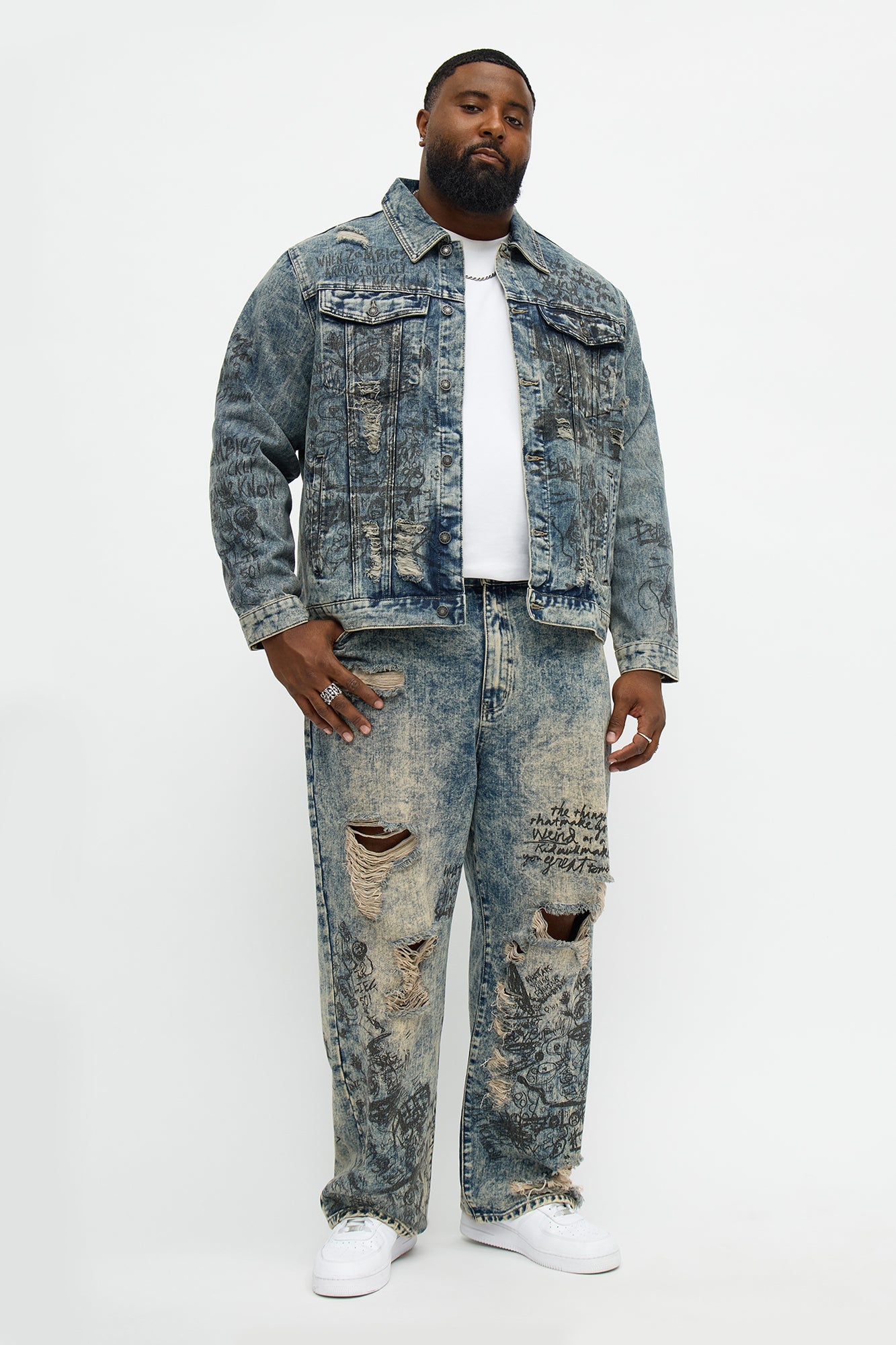 Baggy Verbiage Distressed Jean - Vintage Blue Wash