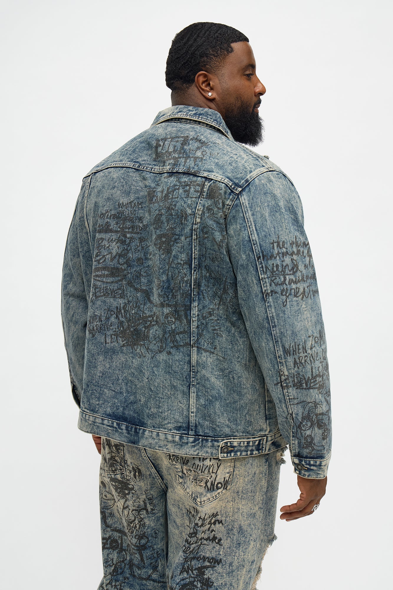 Verbiage Distressed Denim Trucker Jacket - Vintage Blue Wash