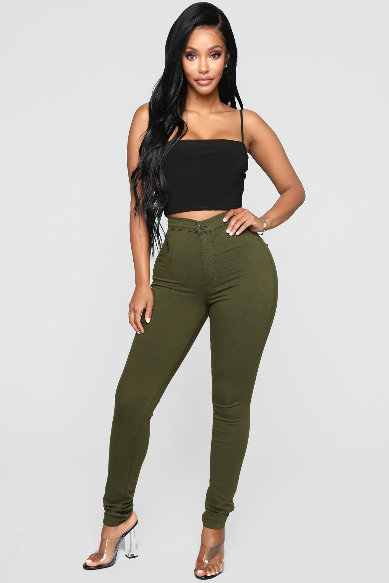 Super High Waist Denim Skinnies - Olive