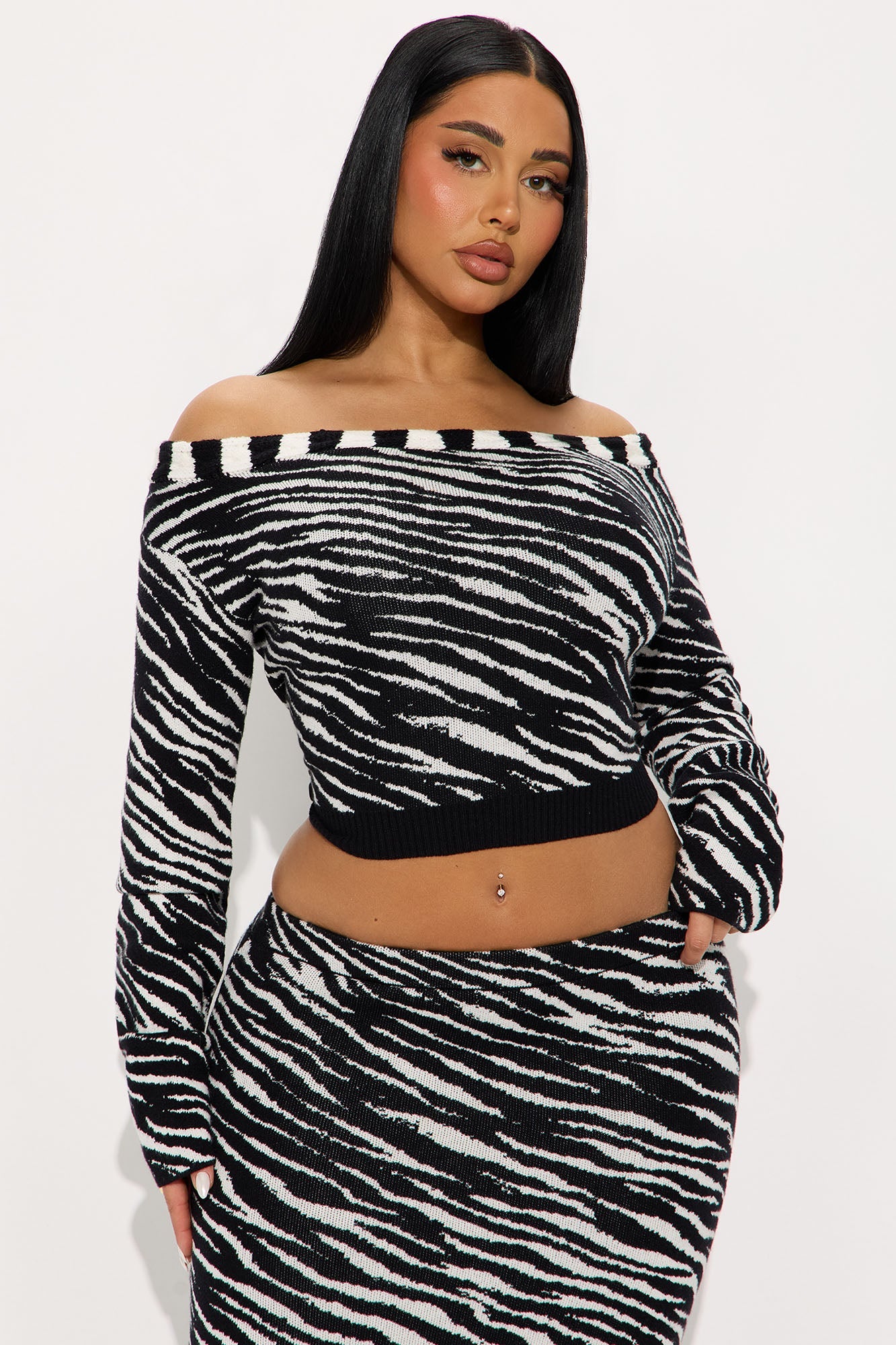 Imani Zebra Sweater Off Shoulder Maxi Skirt Set - Black/White