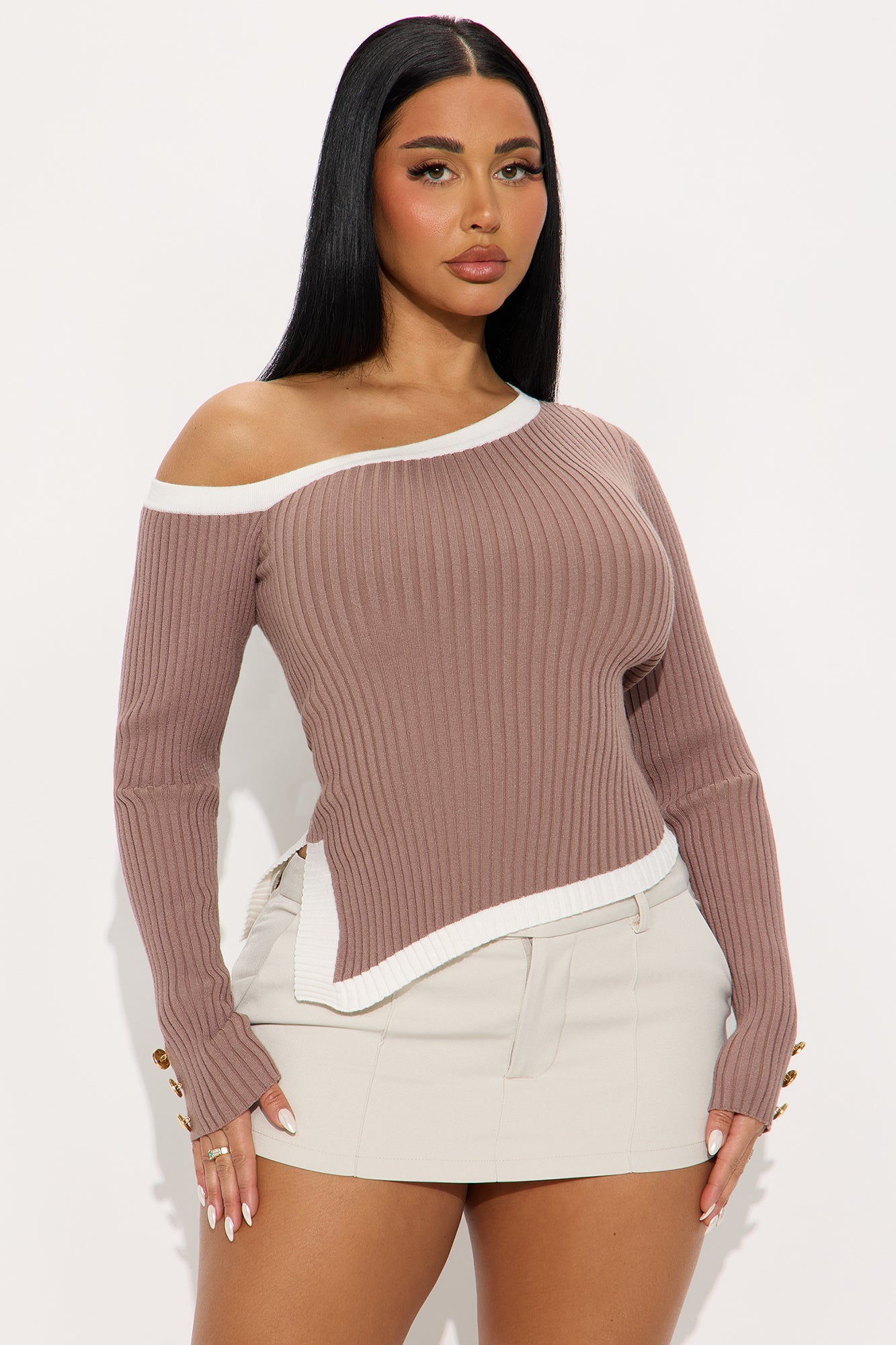 Katelyn Contrast Sweater Top - Mocha/combo