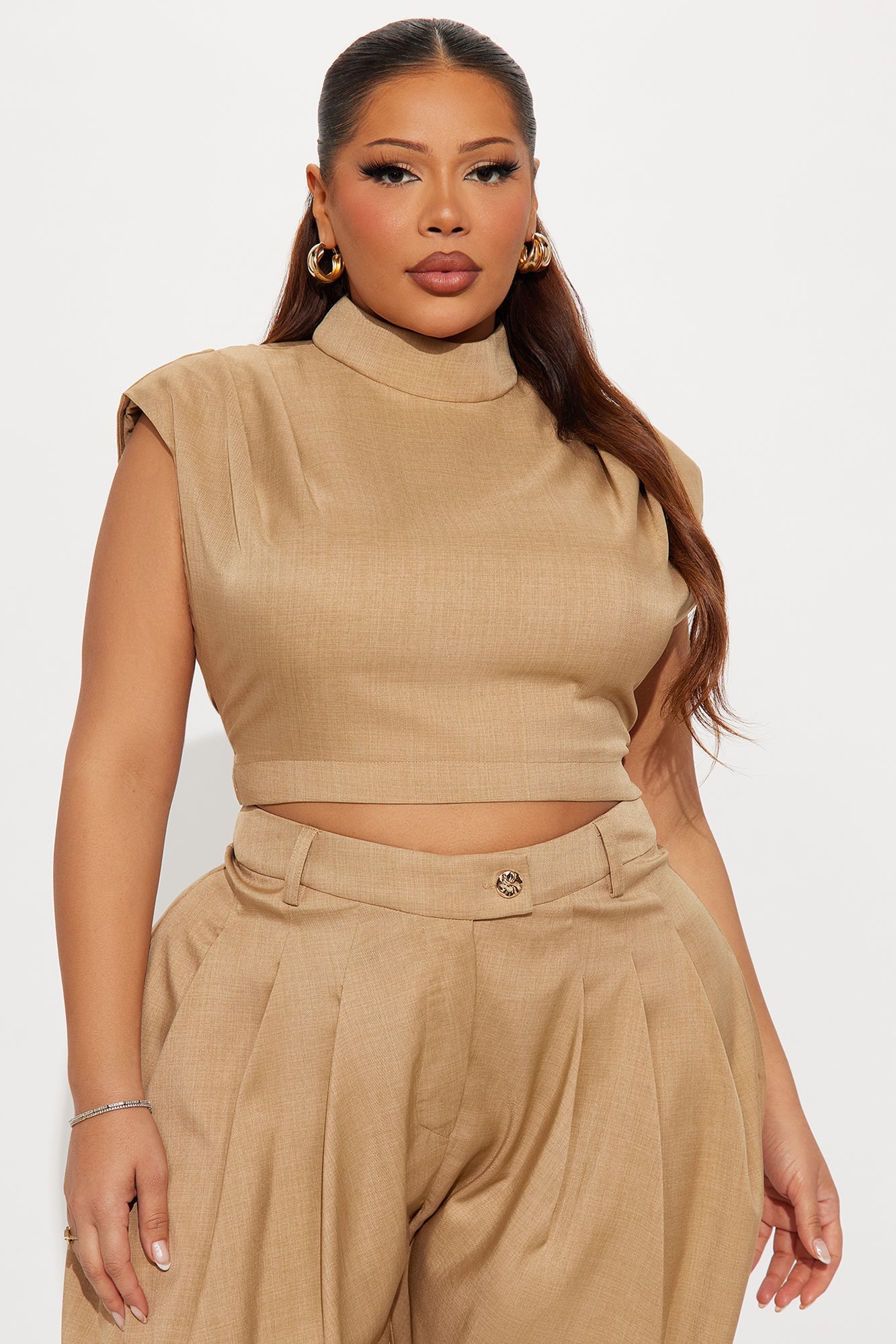 Amelia Pleated Barrel Leg Pant Set - Taupe