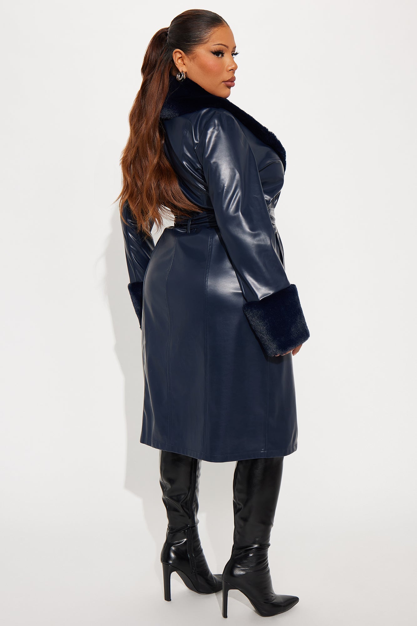 Milana Fur Trim Faux Leather Coat - Navy