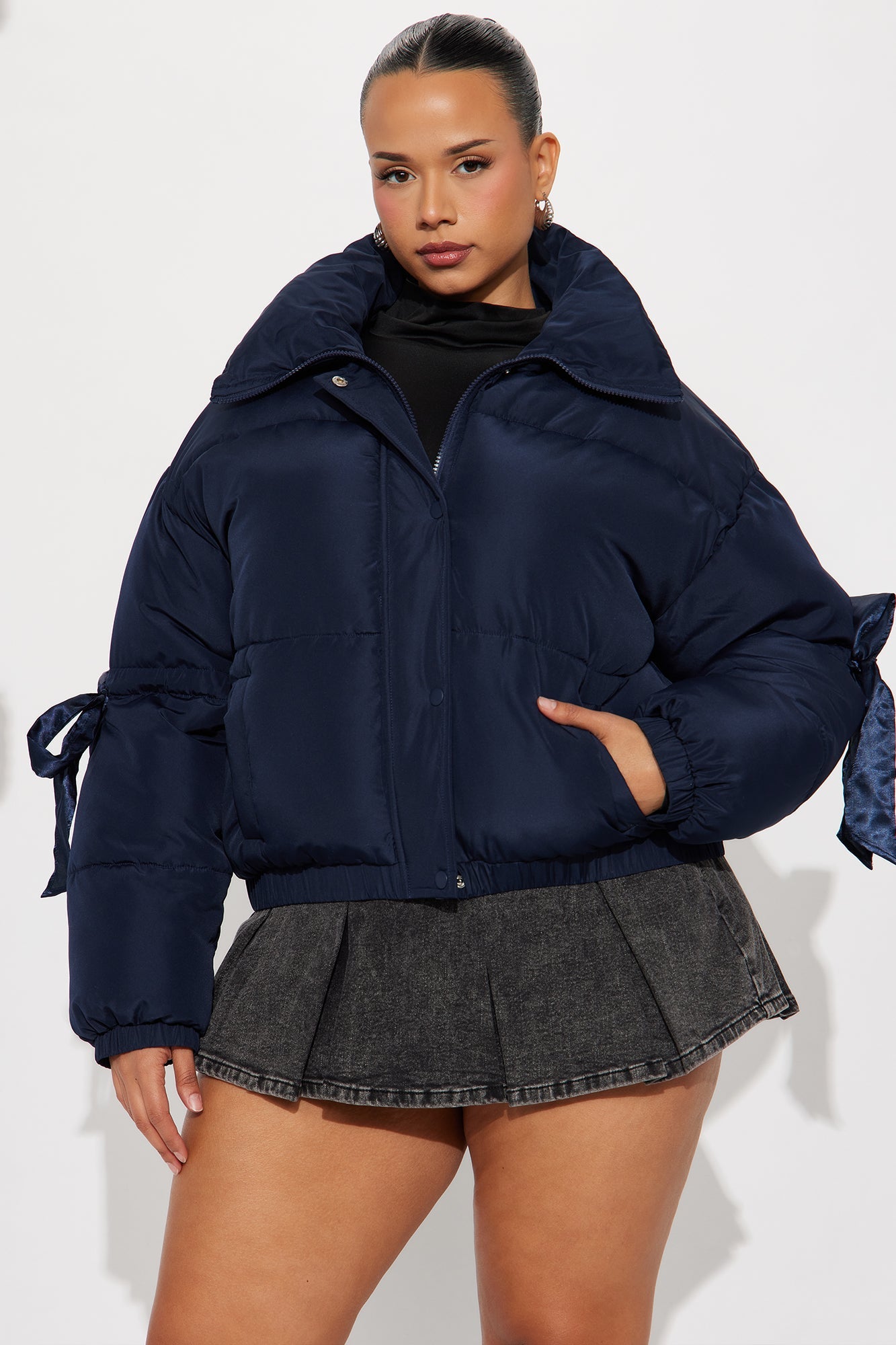 Coquette Touch Bow Puffer Jacket - Navy