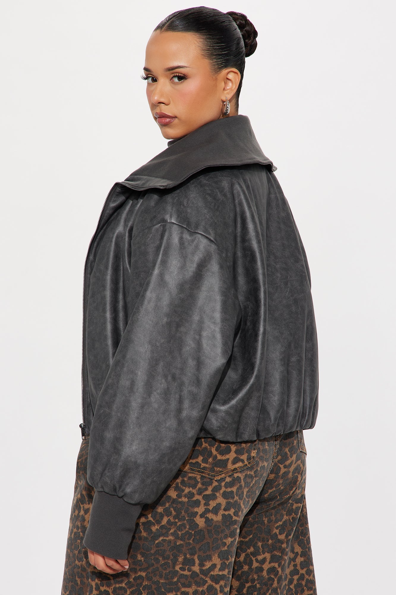 True Desire Washed Faux Leather Bomber Jacket - Charcoal
