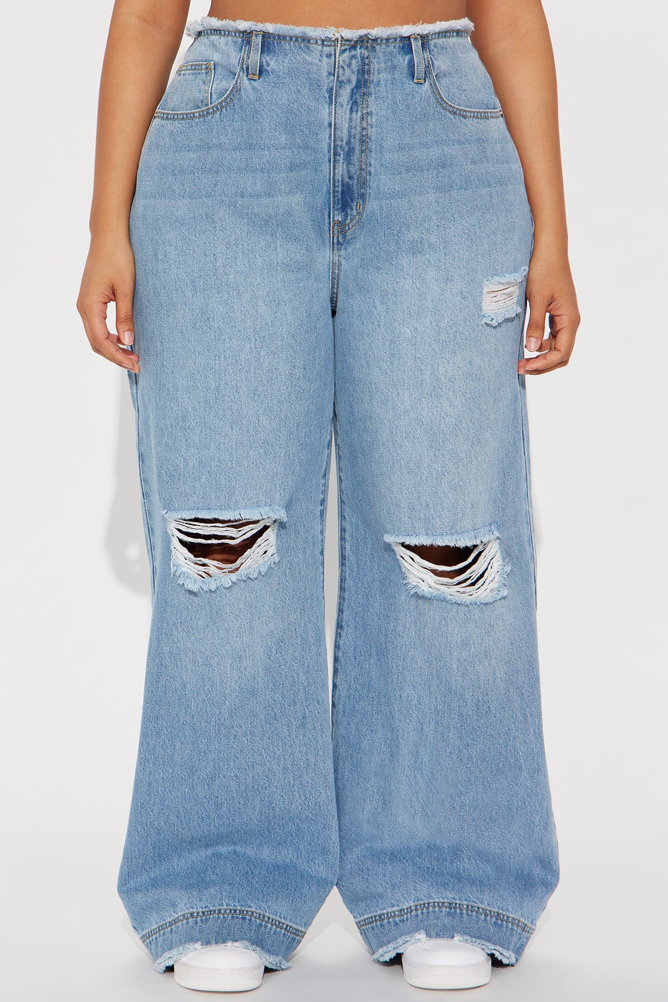 In Your Dreams Cut Off Waistband Ripped Baggy Jean - Medium Wash