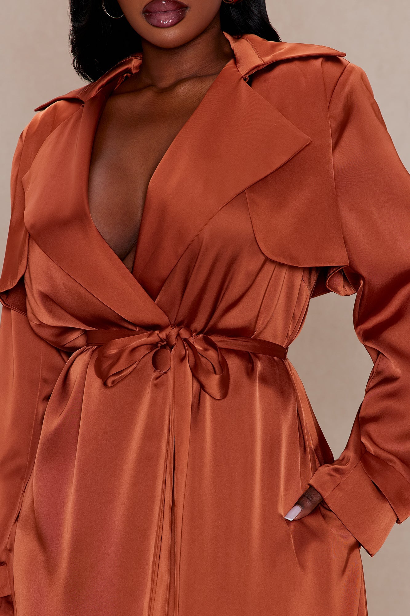 Gabriella Satin Trench Coat And Pant Set - Rust