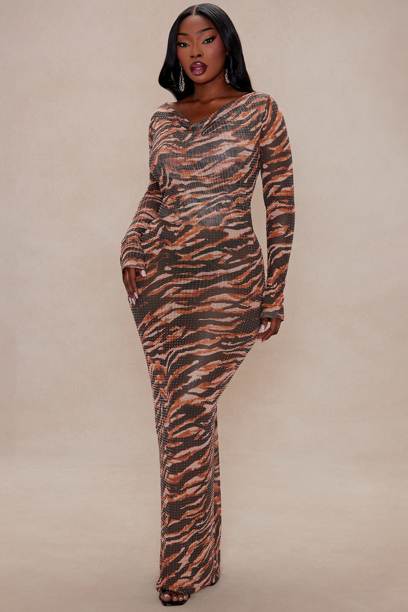 Alexis Rhinestone Long Sleeve Maxi Dress - Brown/combo