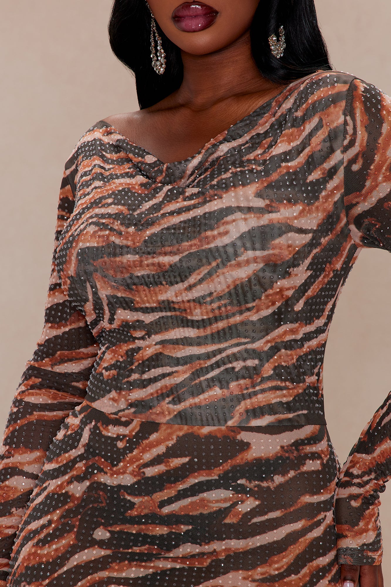 Alexis Rhinestone Long Sleeve Maxi Dress - Brown/combo