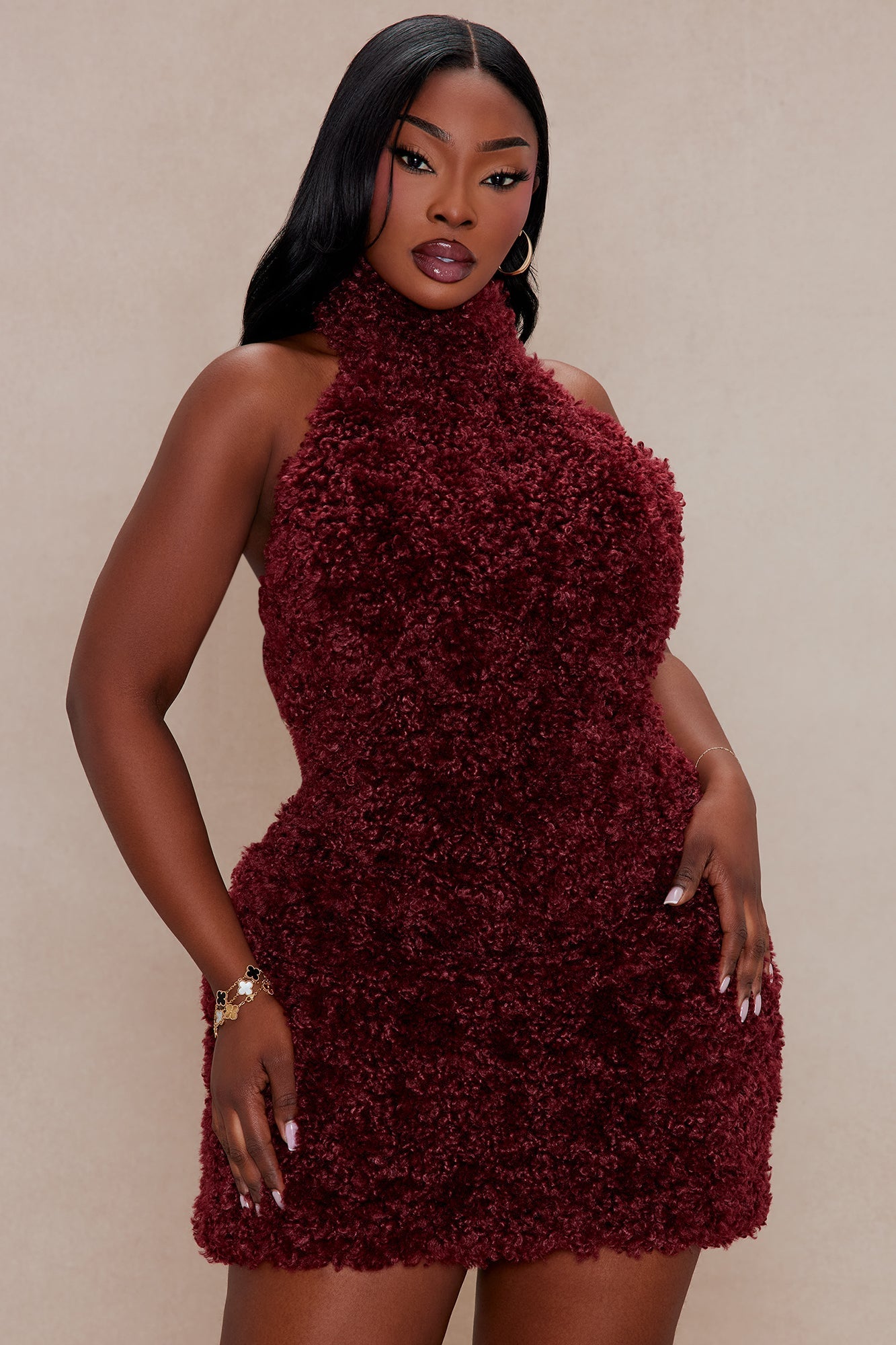 Arden Sherpa Fur Halter Mini Dress - Burgundy
