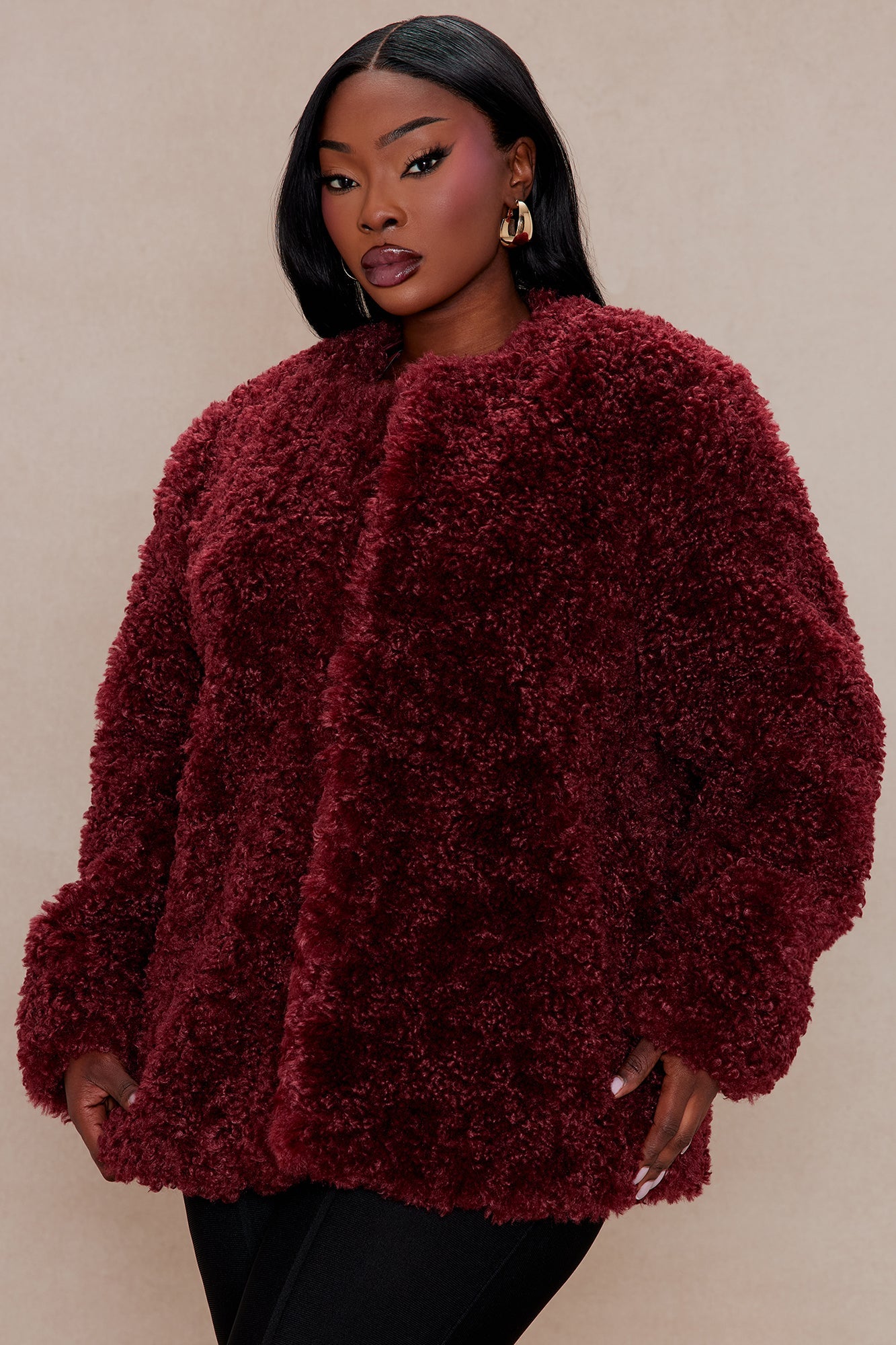 Arden Sherpa Fur Jacket - Burgundy