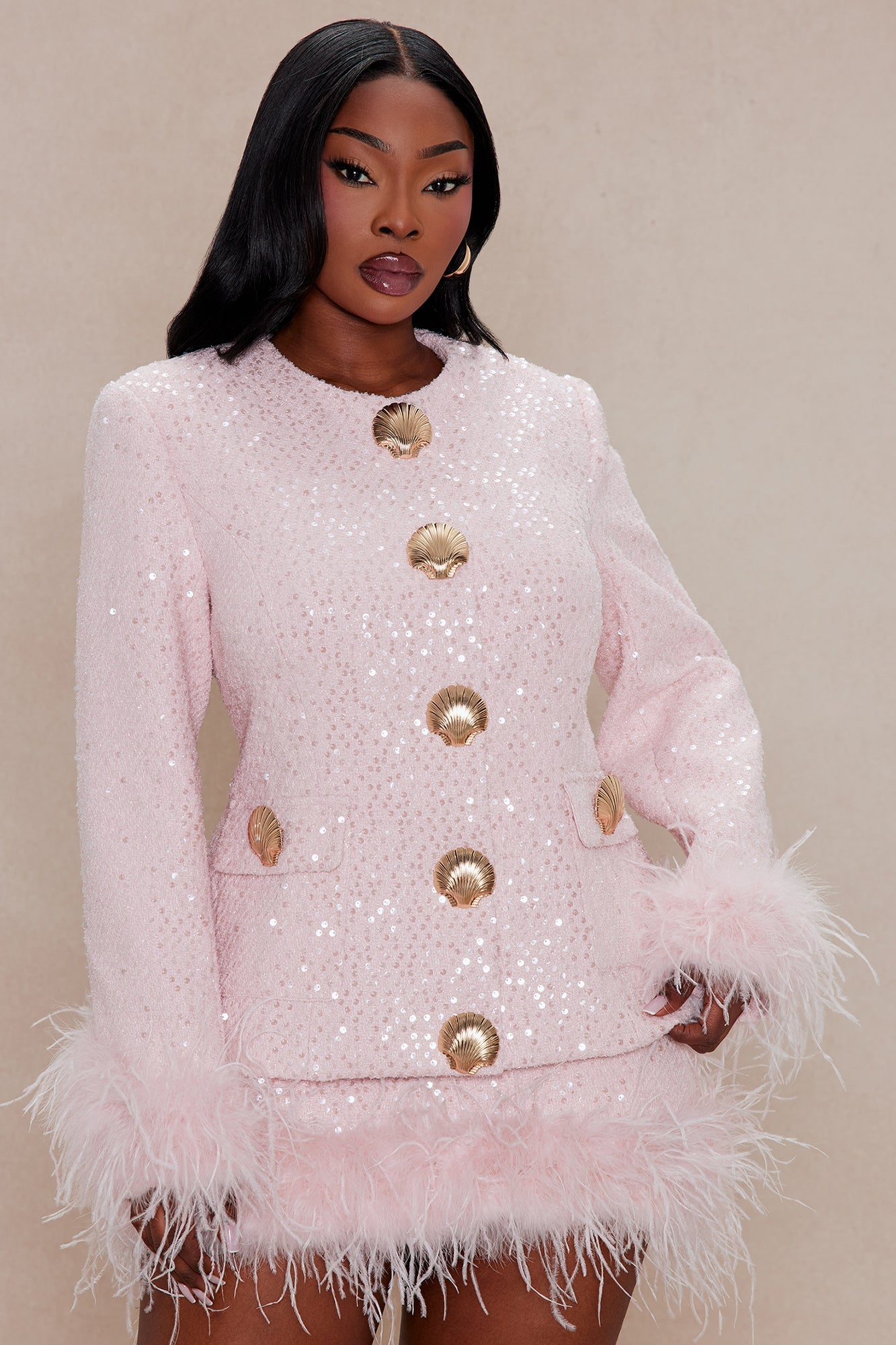 Chelley Feathered Sequin Tweed Skirt Set - Pink