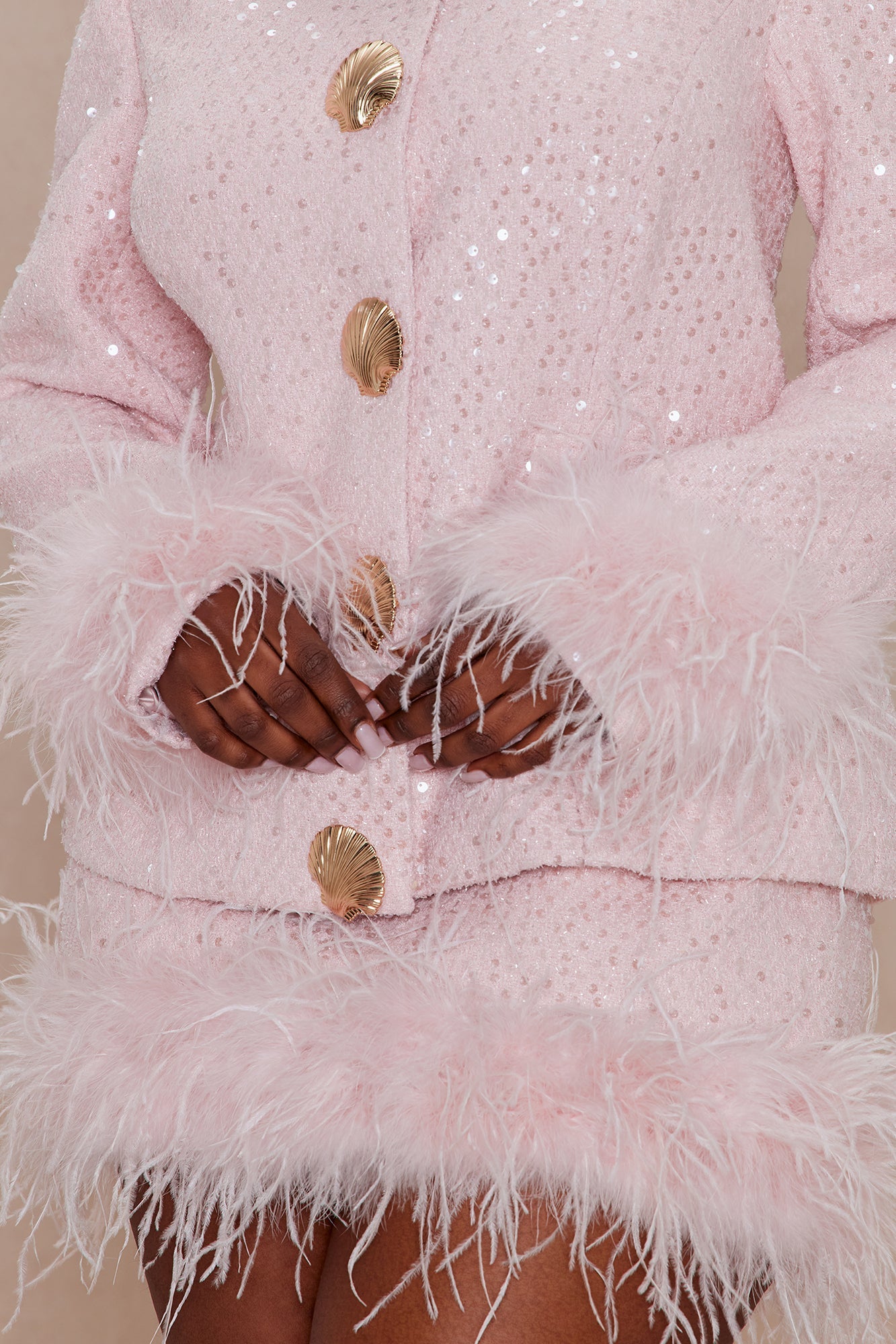Chelley Feathered Sequin Tweed Skirt Set - Pink