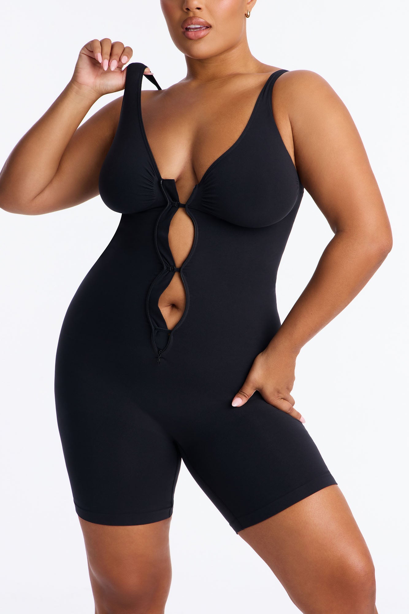 Nova Sculpt Seamless Strong Compression Zip Front Thigh Shaping Bodysuit - Black