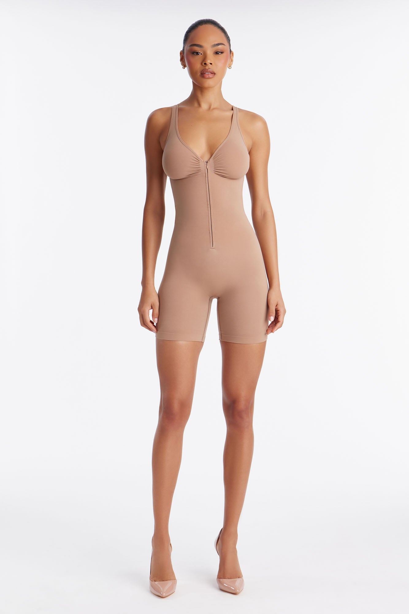 Nova Sculpt Seamless Strong Compression Zip Front Thigh Shaping Bodysuit - Nude